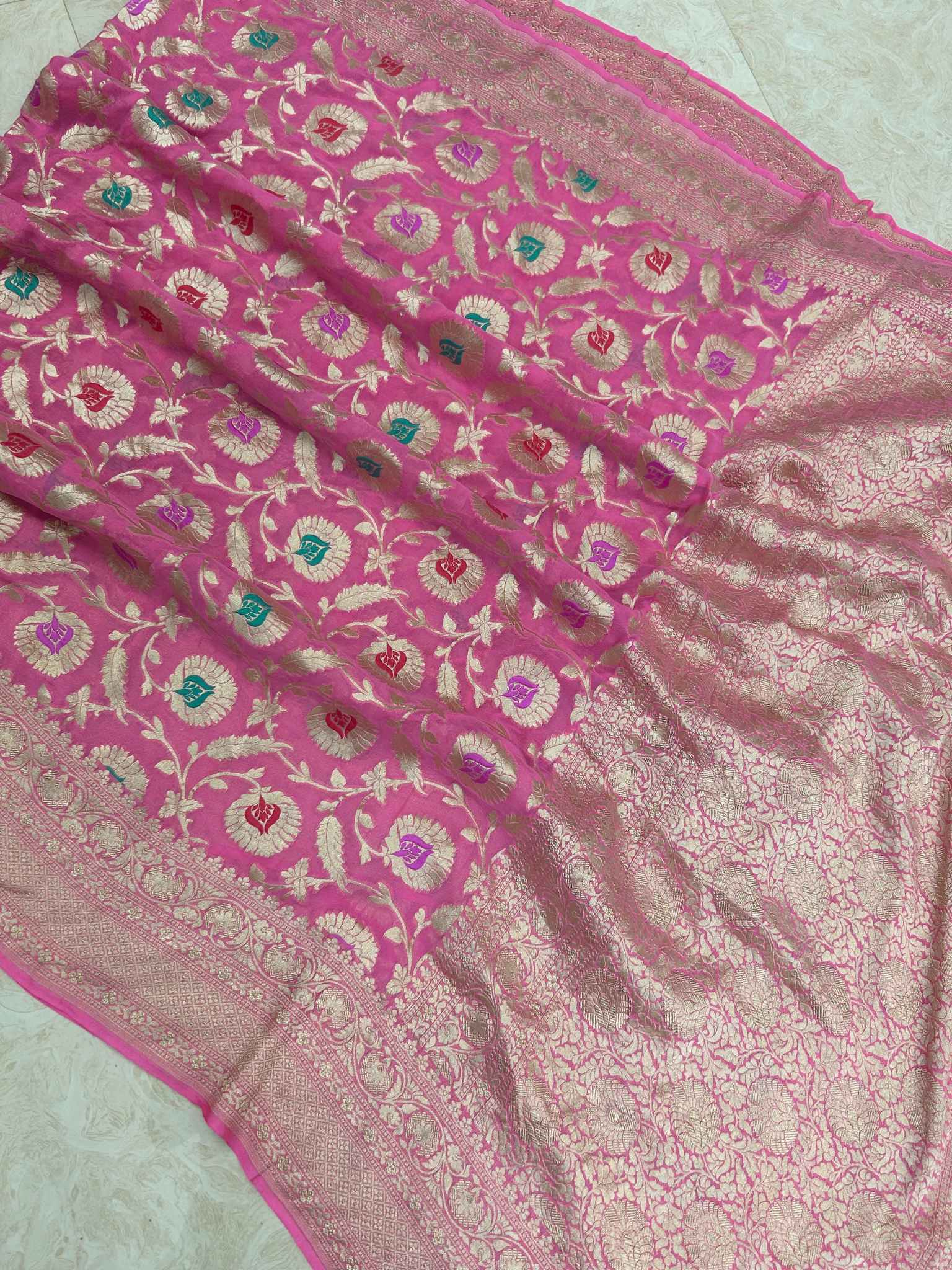 Khaddi Georgette Handloom Banarasi Saree - Jaal with Meenakari