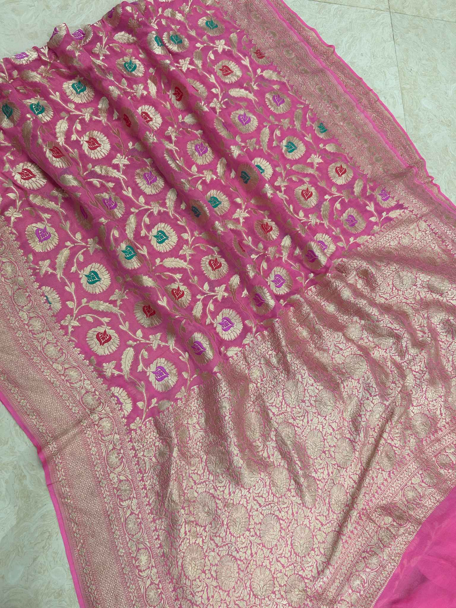 Khaddi Georgette Handloom Banarasi Saree - Jaal with Meenakari