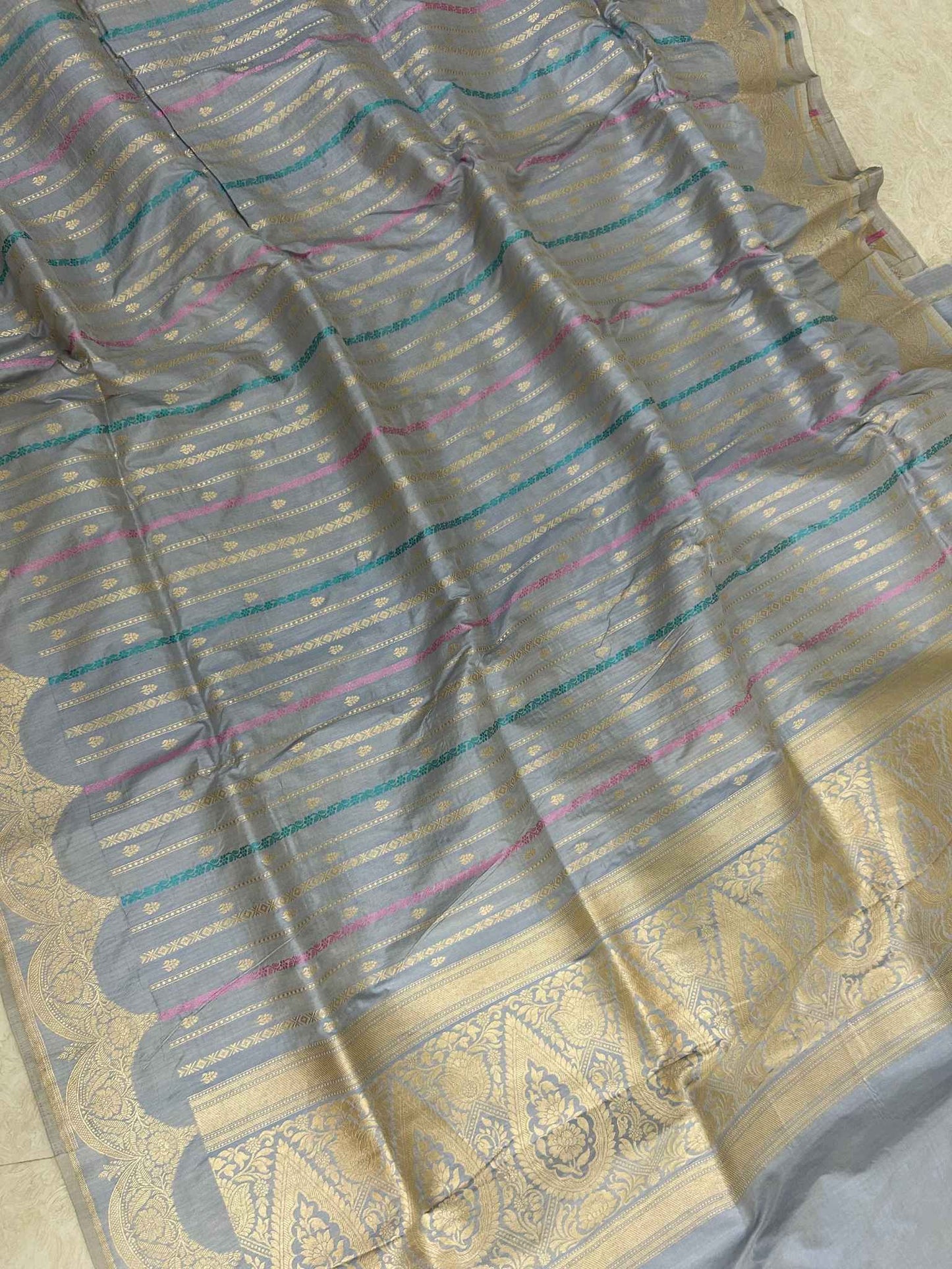 Pure Katan Silk Handloom Banarasi Saree - All over stripe work with meenakari