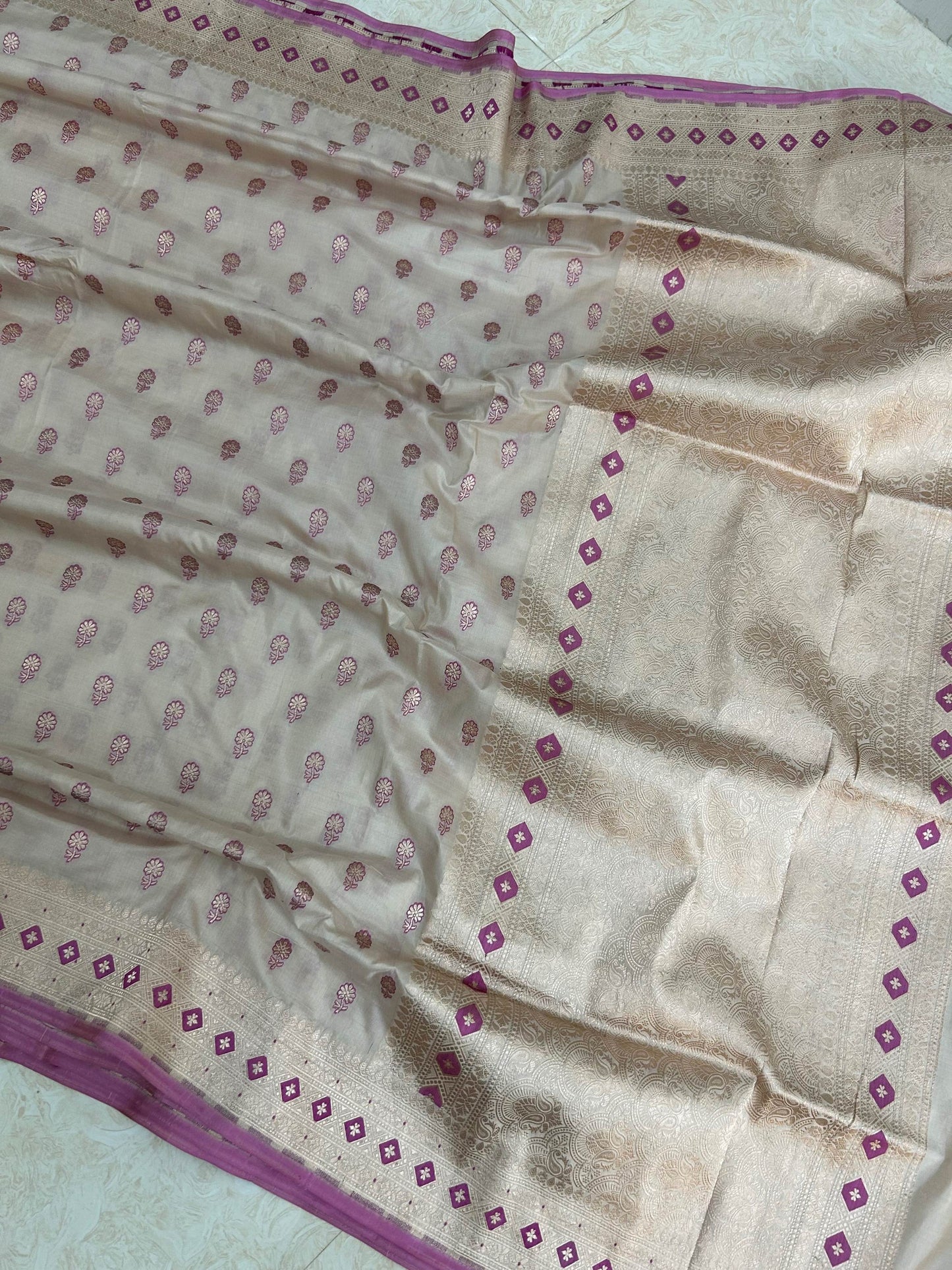 Pure Katan Silk Handloom Banarasi Saree - All over buti work with meenakari