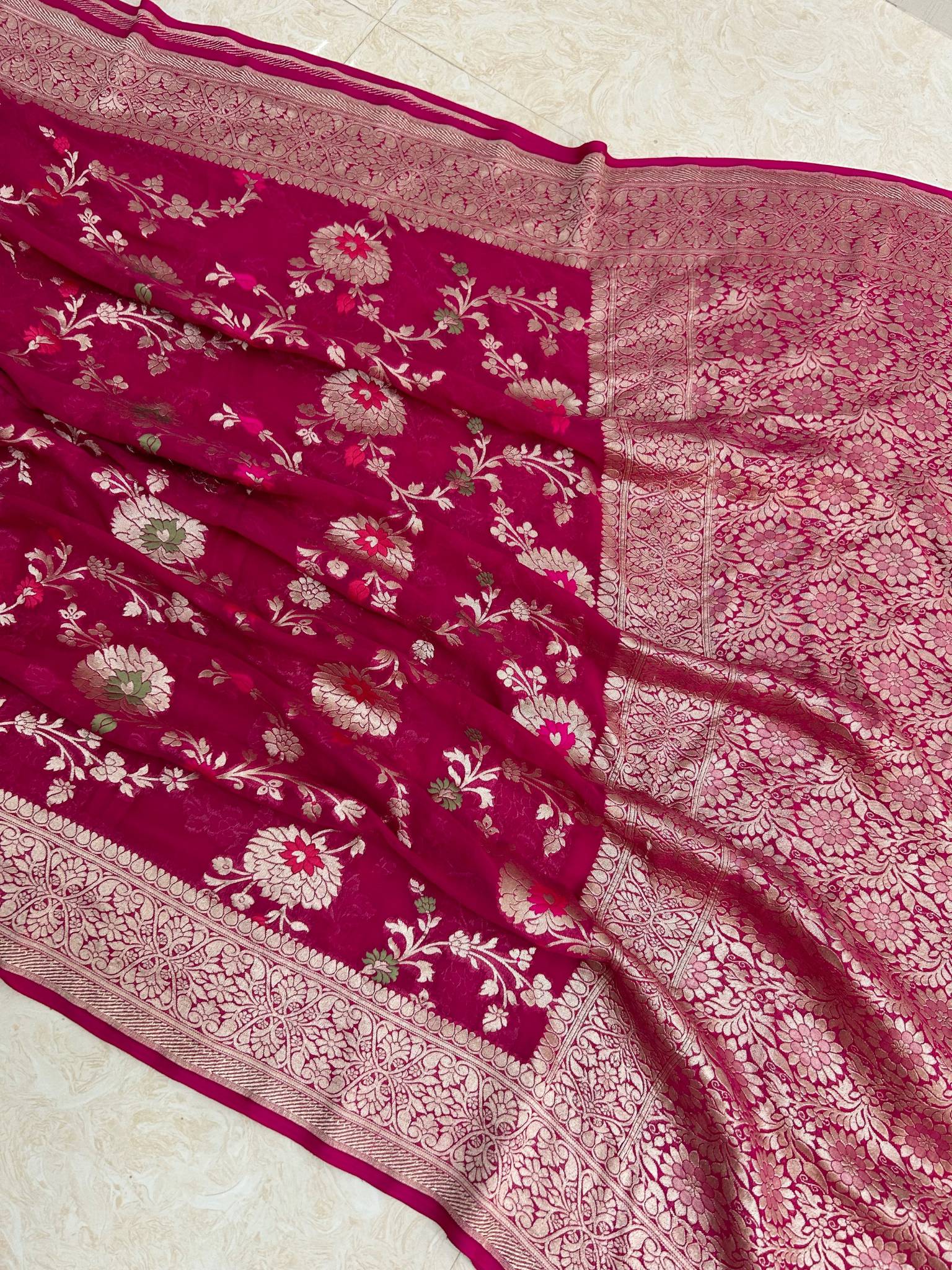 Khaddi Georgette Handloom Banarasi Saree - Jaal with Meenakari