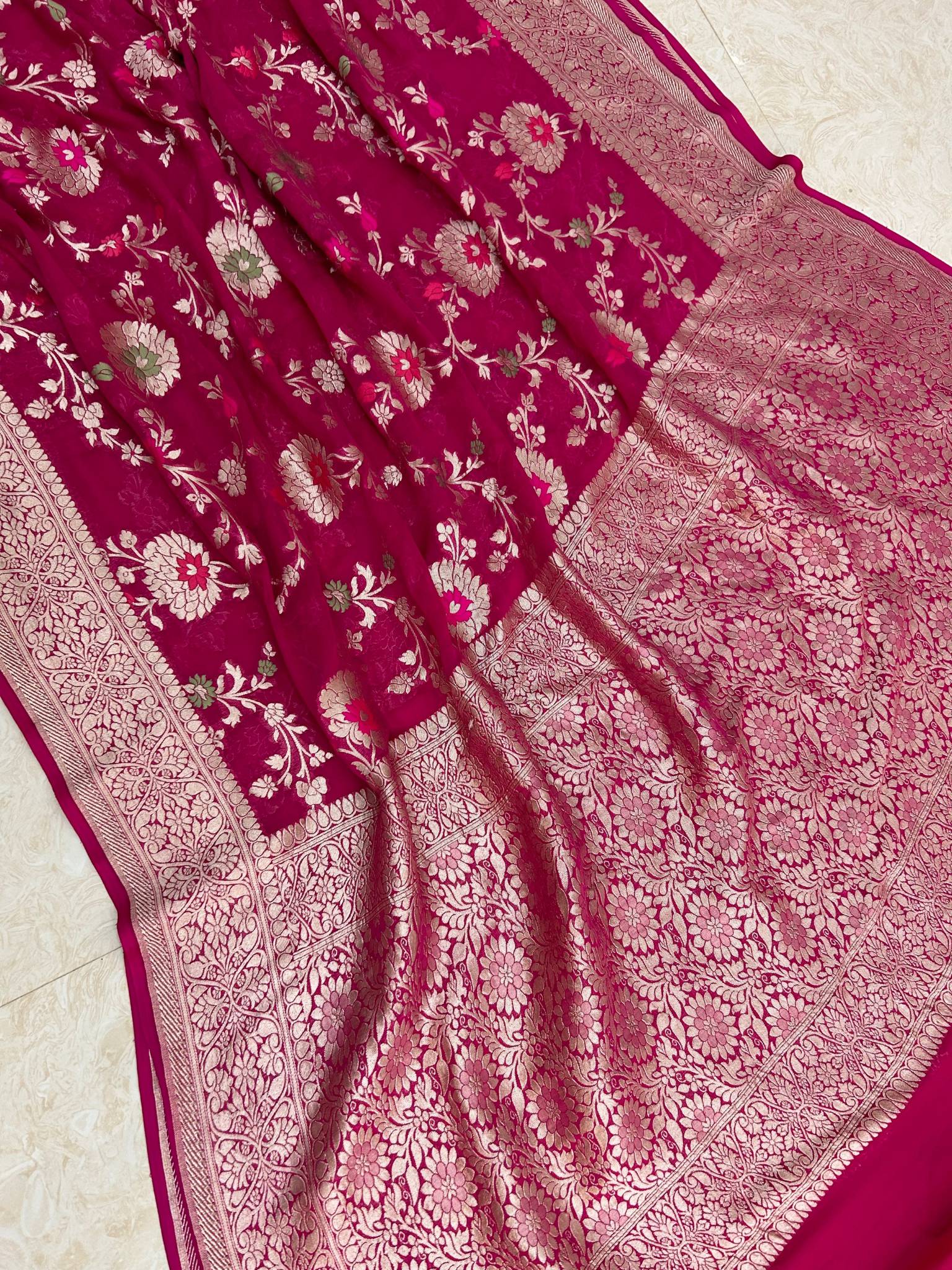 Khaddi Georgette Handloom Banarasi Saree - Jaal with Meenakari