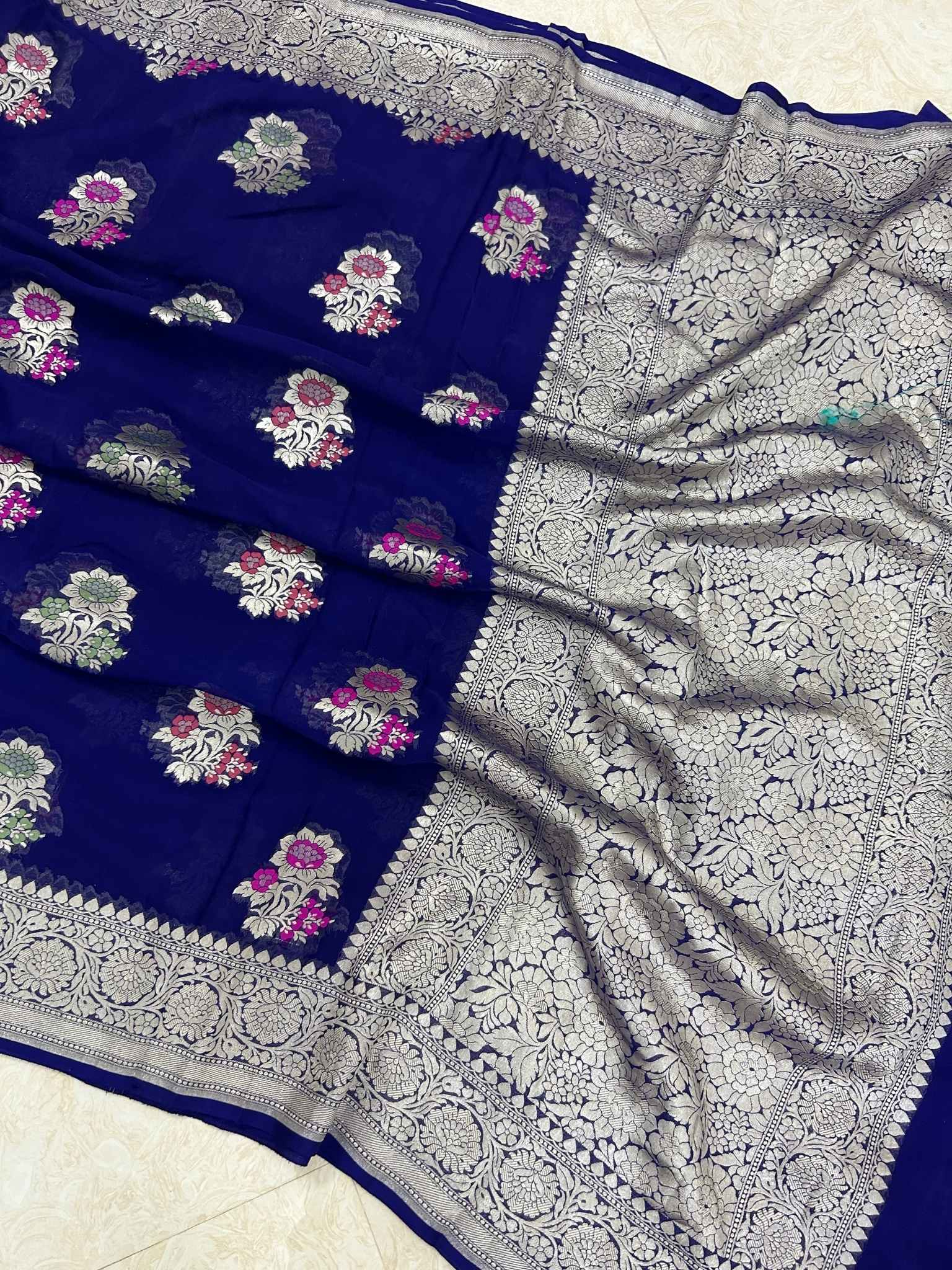 Khaddi Georgette Handloom Banarasi Saree - Jaal with Meenakari