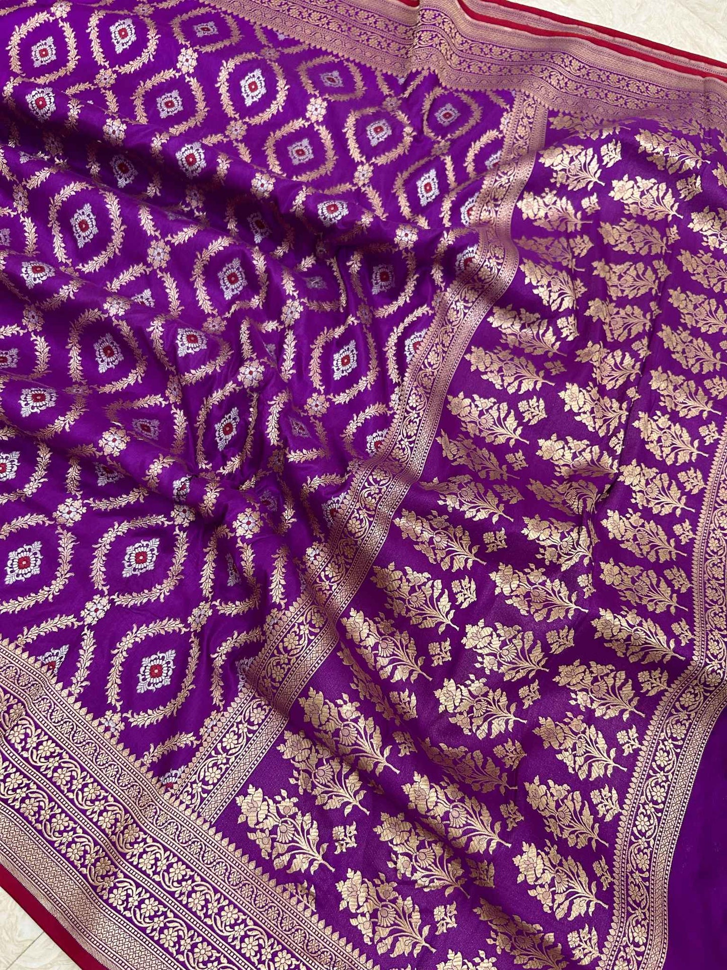 Pure Katan Silk Handloom Banarasi Saree - All over Sona roopa Jaal work with meenakari