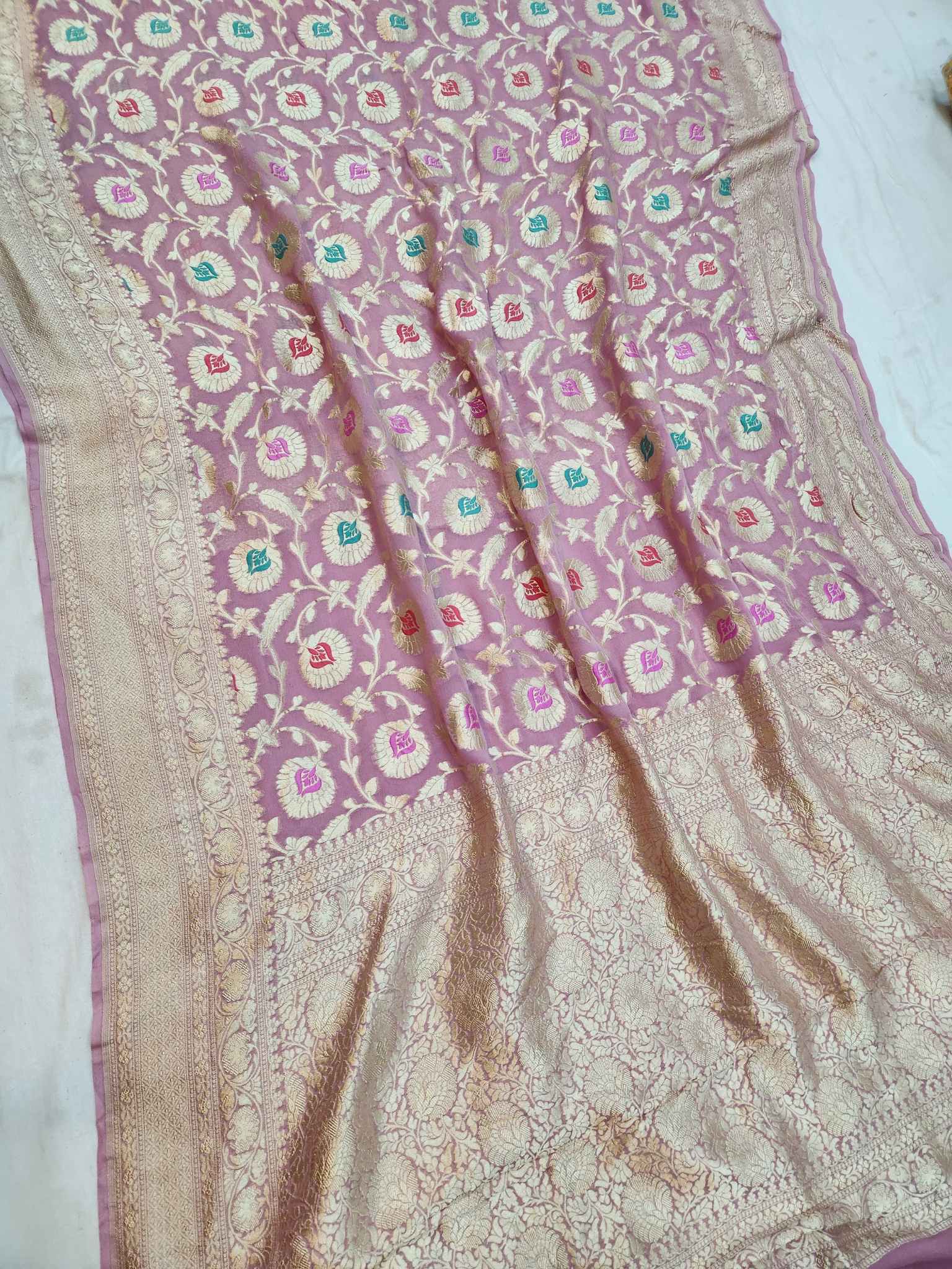 Khaddi Georgette Handloom Banarasi Saree - Jaal with Meenakari