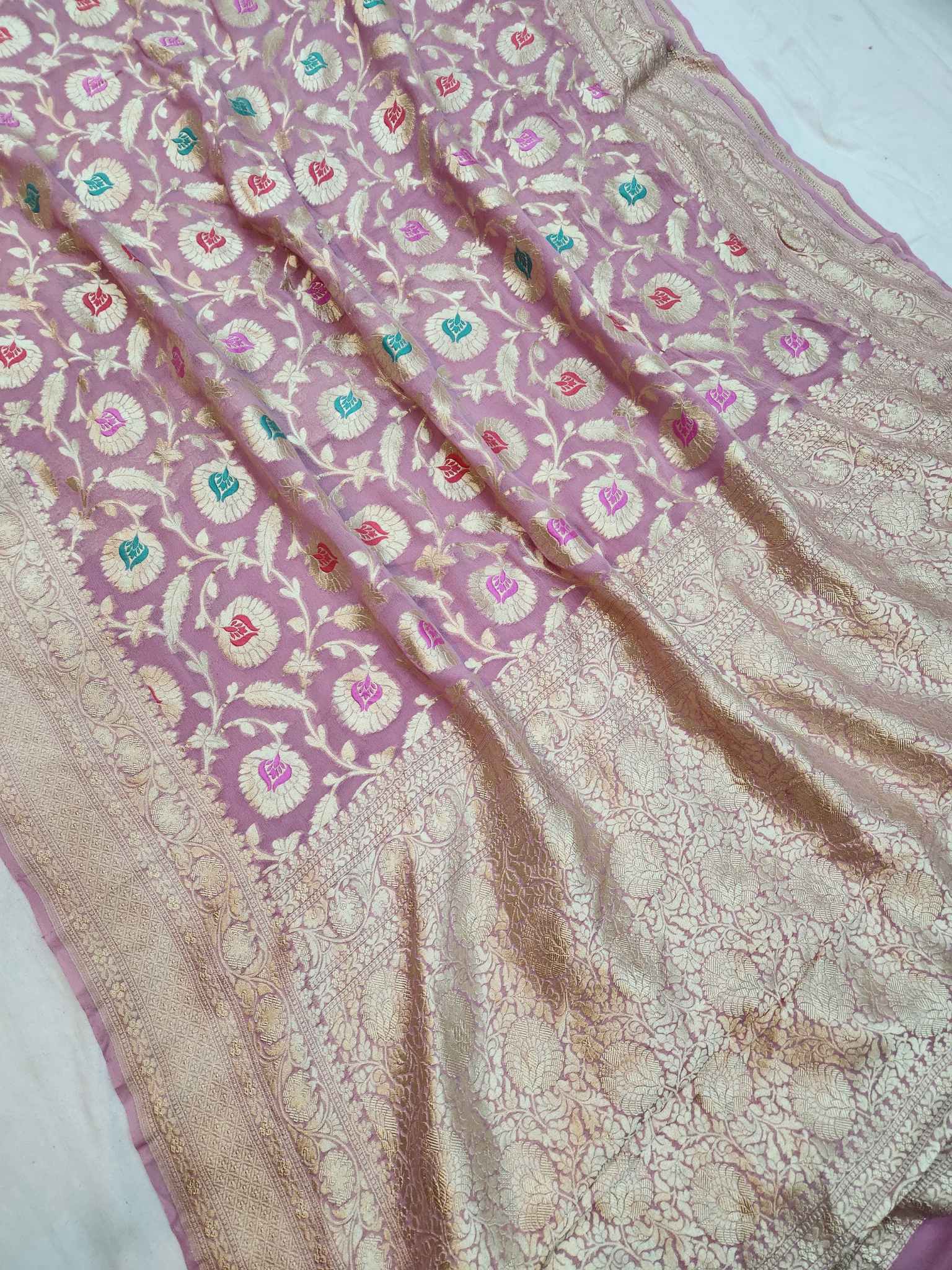 Khaddi Georgette Handloom Banarasi Saree - Jaal with Meenakari