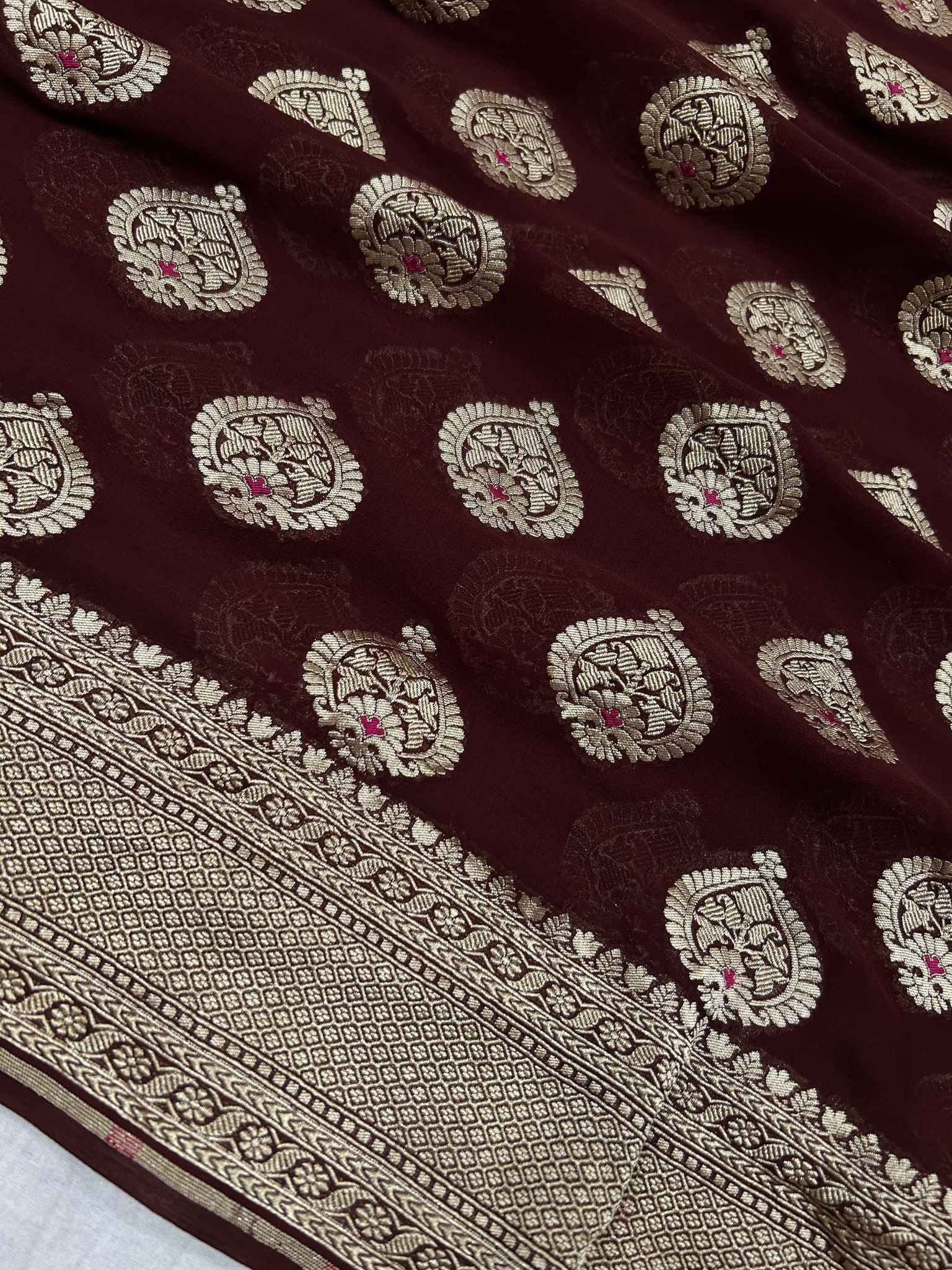 Khaddi Georgette Handloom Banarasi Saree - Jaal with Meenakari