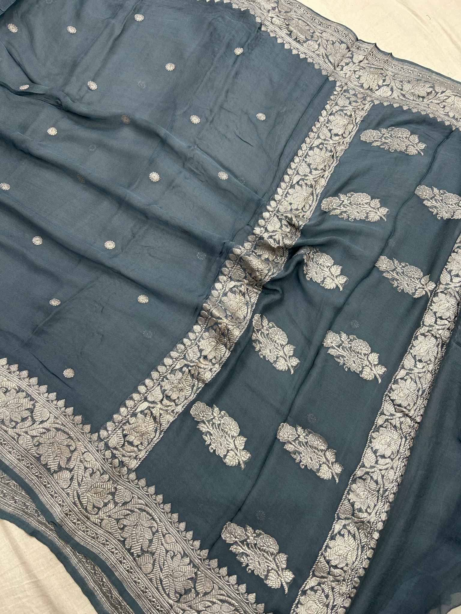 Pure Georgette Banarasi Saree - Silver Zari