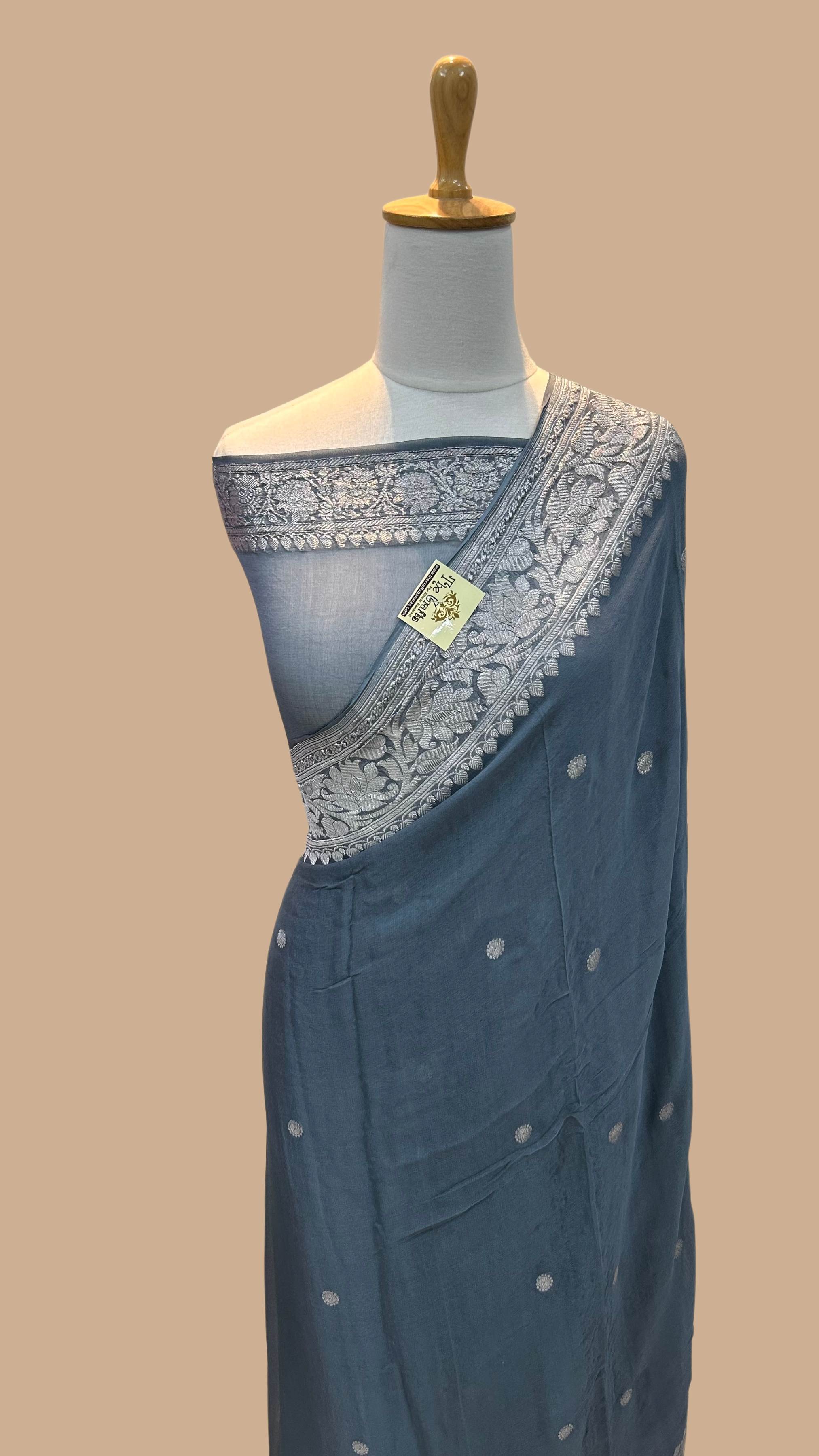 Pure Georgette Banarasi Saree - Silver Zari