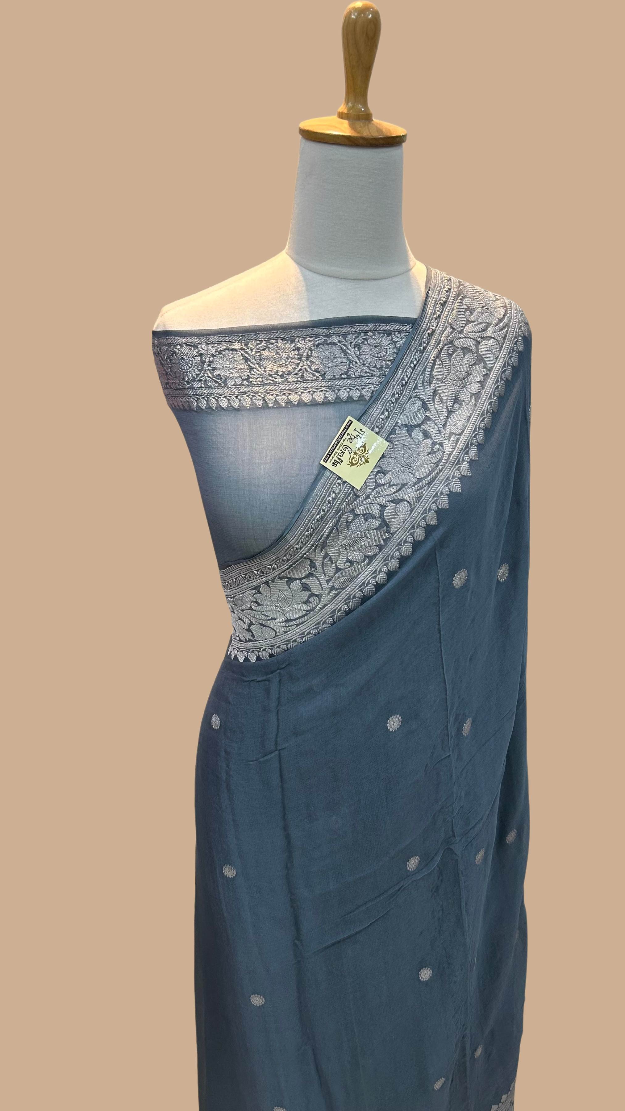 Pure Georgette Banarasi Saree - Silver Zari