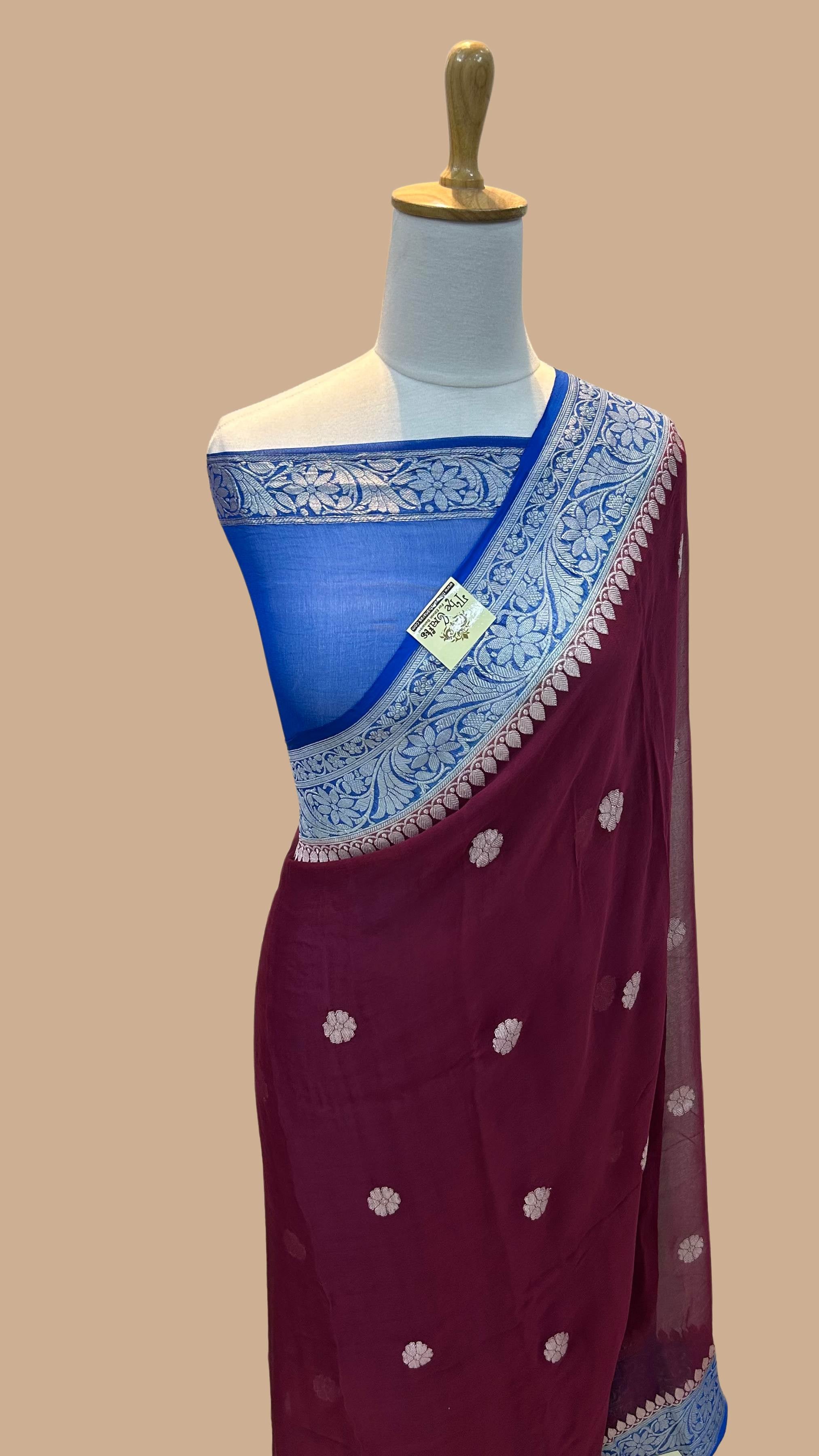 Pure Georgette Banarasi Handloom Saree - Silver Zari