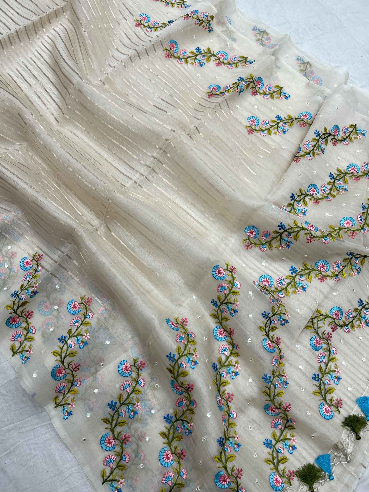 Pure Kora Silk Banarasi Saree - Chikankari all over