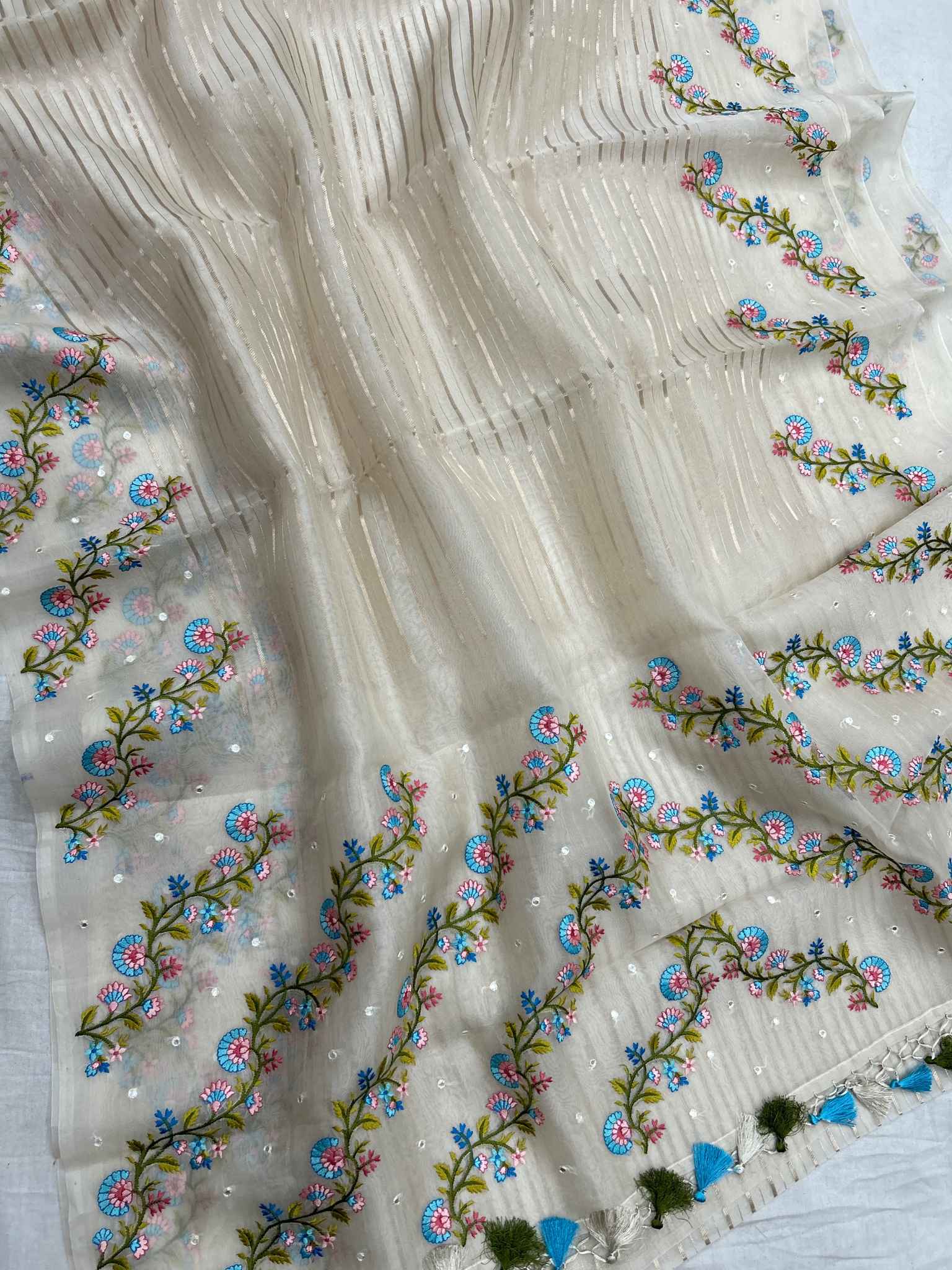 Pure Kora Silk Banarasi Saree - Chikankari all over