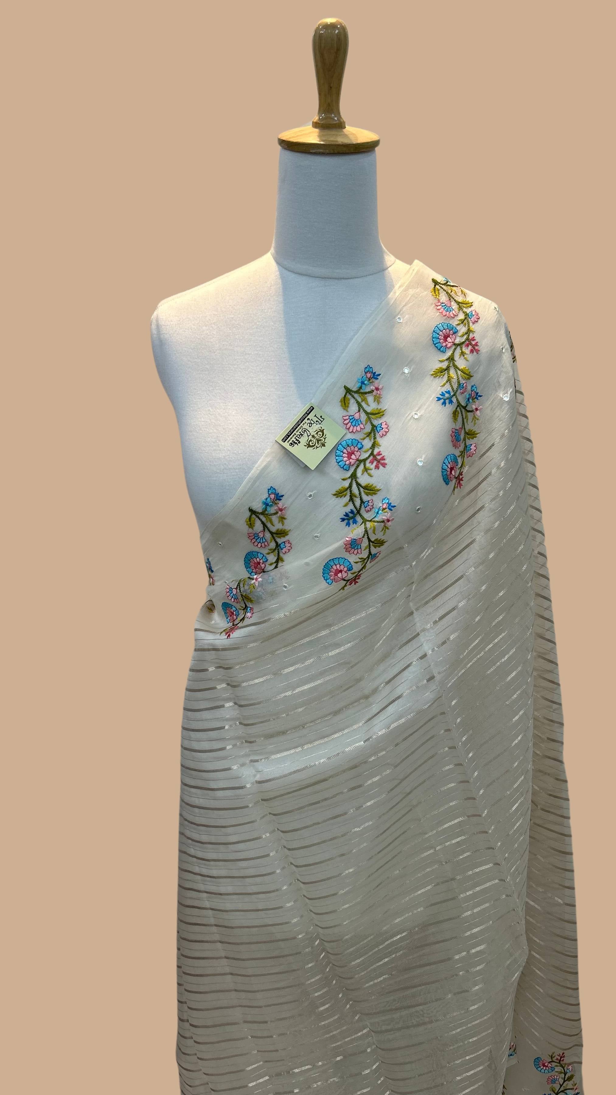 Pure Kora Silk Banarasi Saree - Chikankari all over