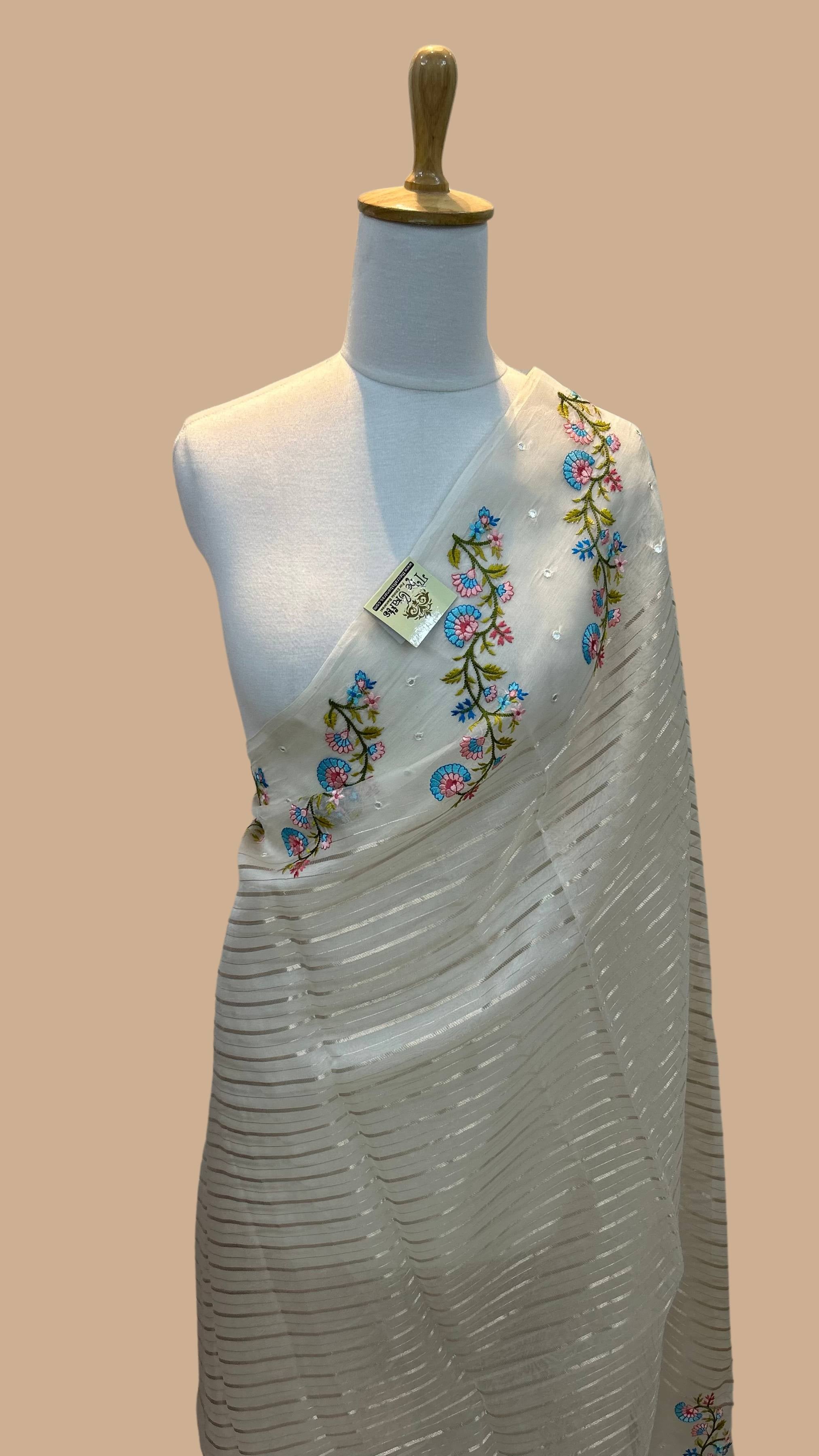 Pure Kora Silk Banarasi Saree - Chikankari all over