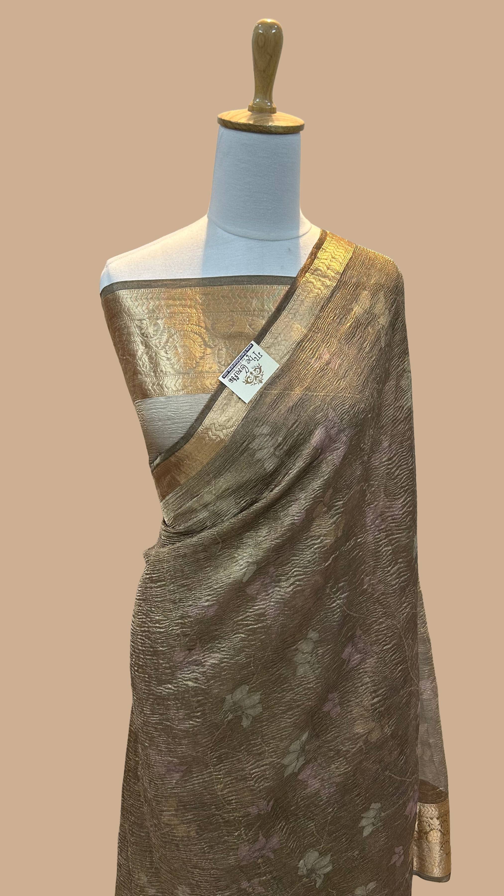 Pure Crush Tissue Silk Banarasi Saree with flover print work