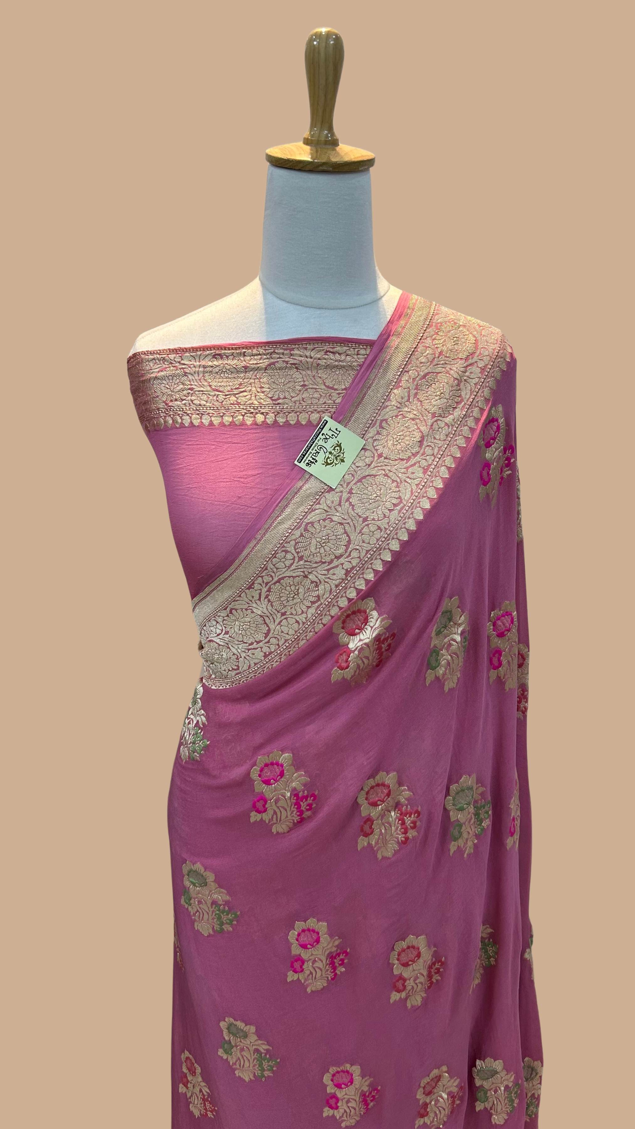 Khaddi Georgette Handloom Banarasi Saree - Jaal with Meenakari