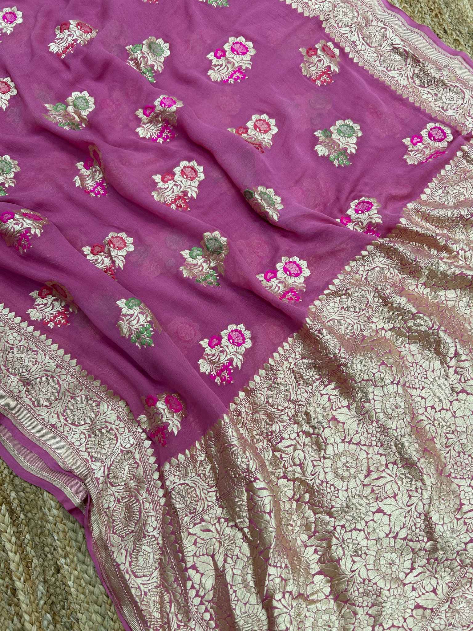 Khaddi Georgette Handloom Banarasi Saree - Jaal with Meenakari