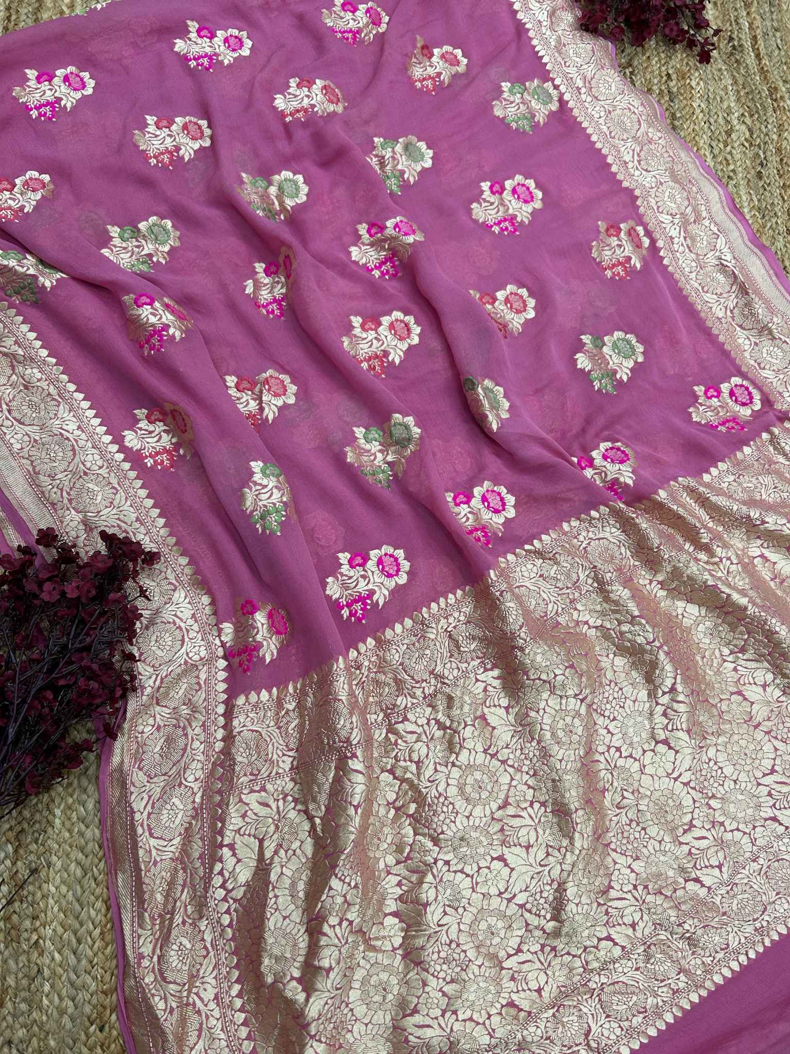 Khaddi Georgette Handloom Banarasi Saree - Jaal with Meenakari