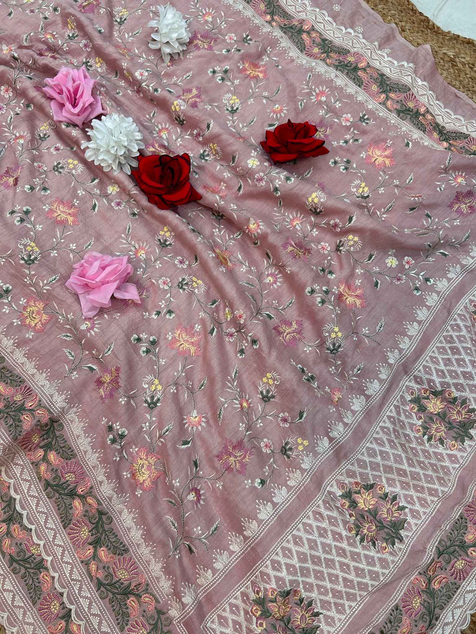 Pure Munga Silk Banarasi Saree - Chikankari all over