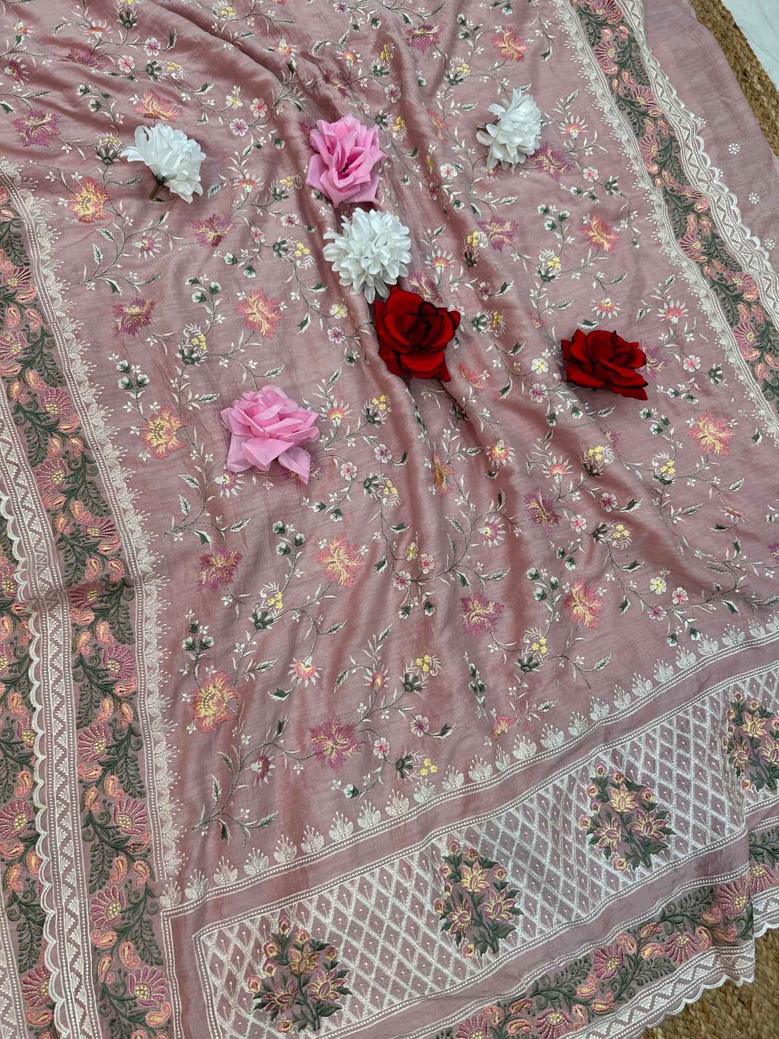 Pure Munga Silk Banarasi Saree - Chikankari all over