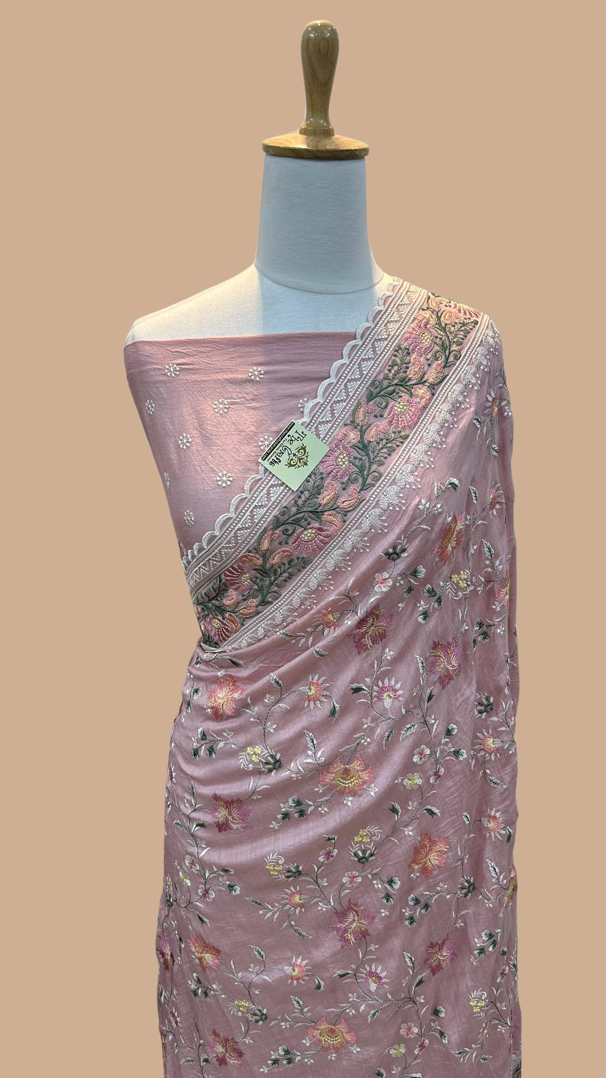 Pure Munga Silk Banarasi Saree - Chikankari all over