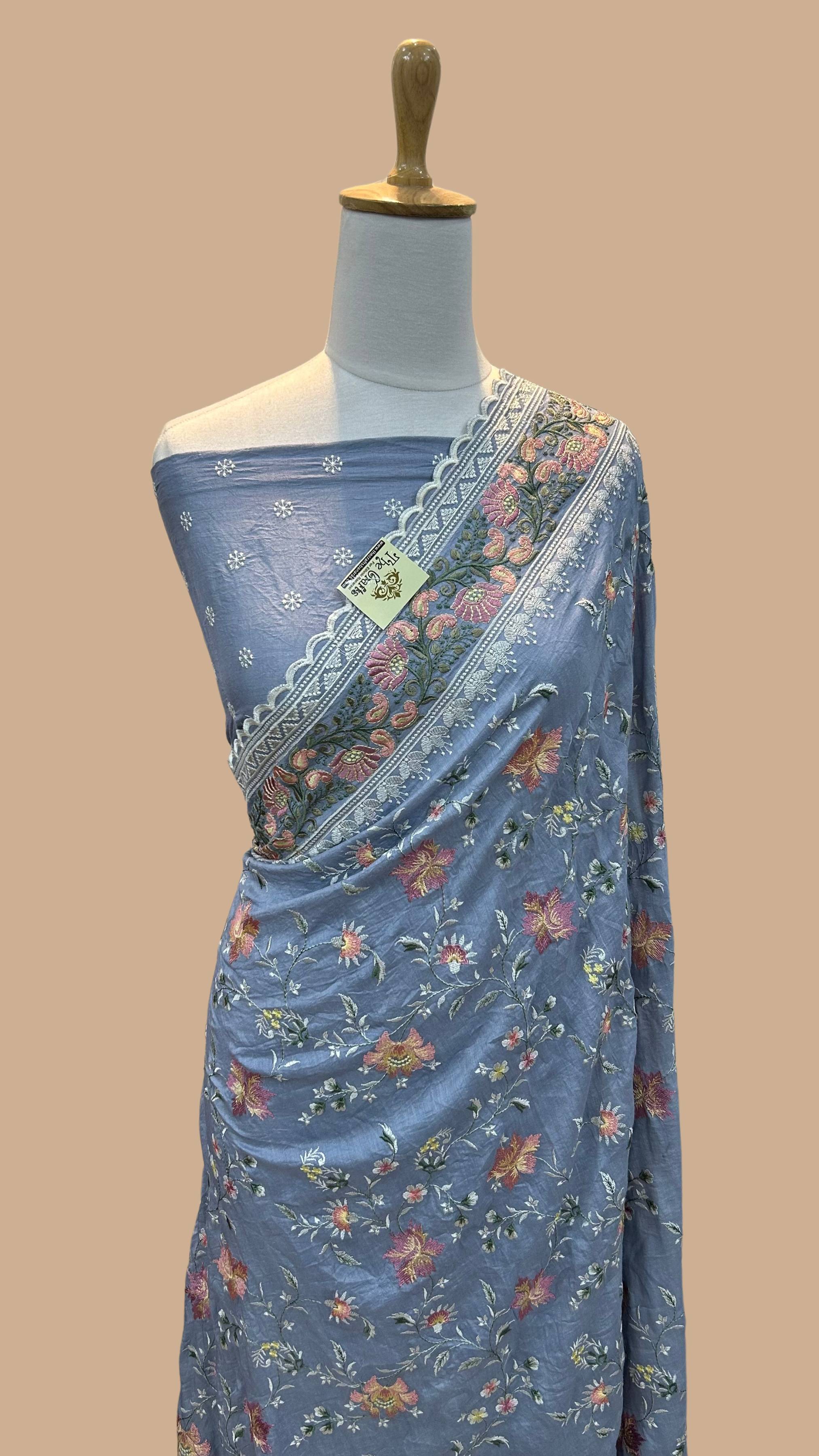 Pure Munga Silk Banarasi Saree - Chikankari all over