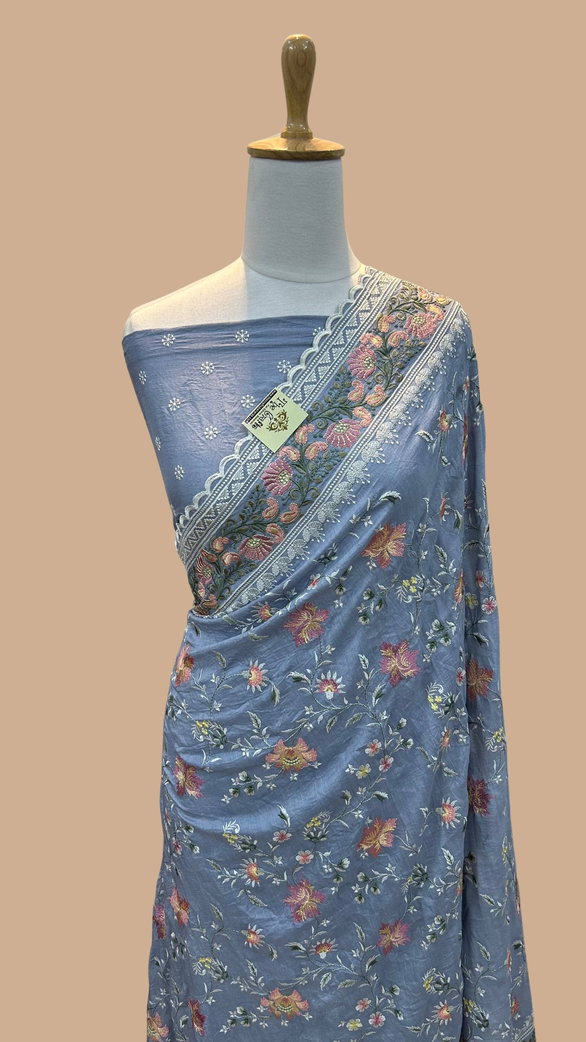 Pure Munga Silk Banarasi Saree - Chikankari all over