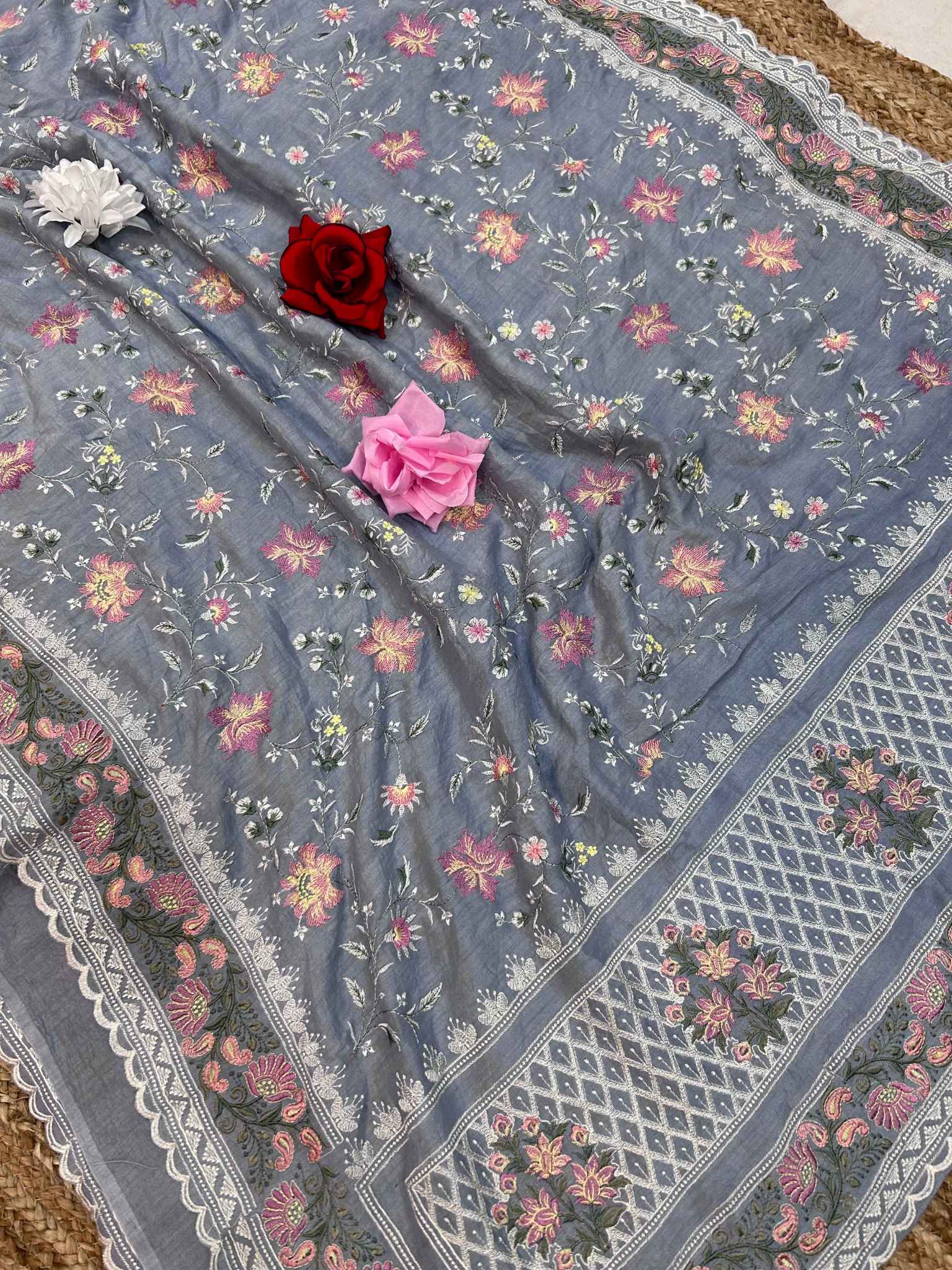 Pure Munga Silk Banarasi Saree - Chikankari all over