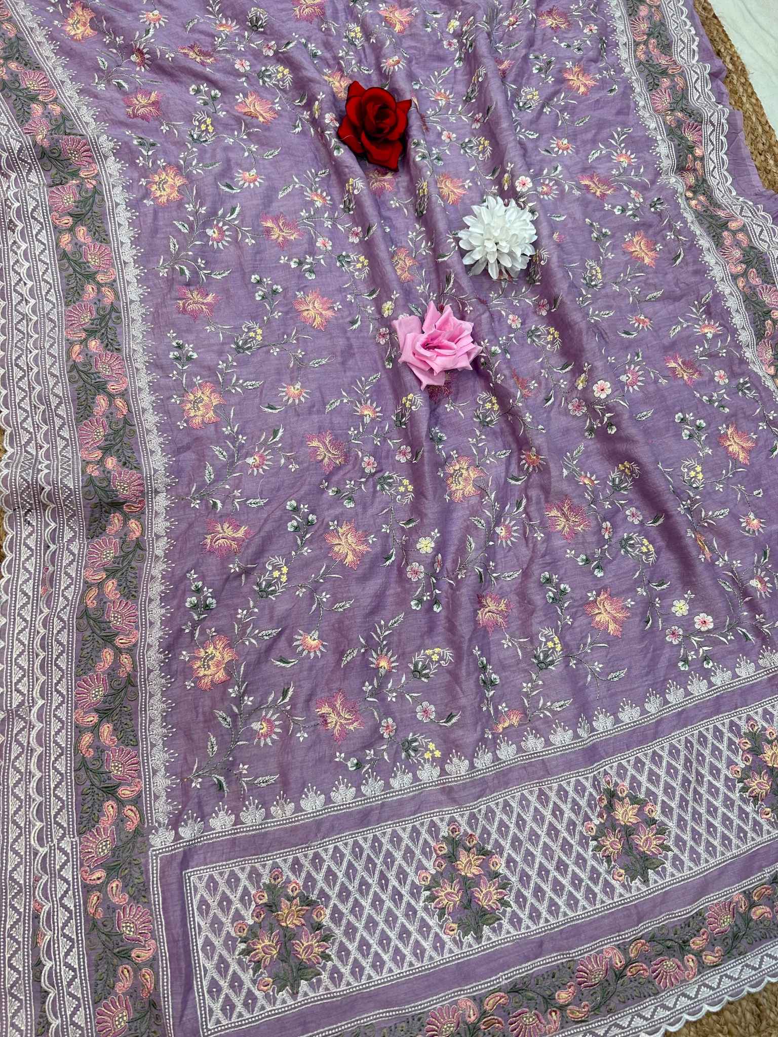 Pure Munga Silk Banarasi Saree - Chikankari all over