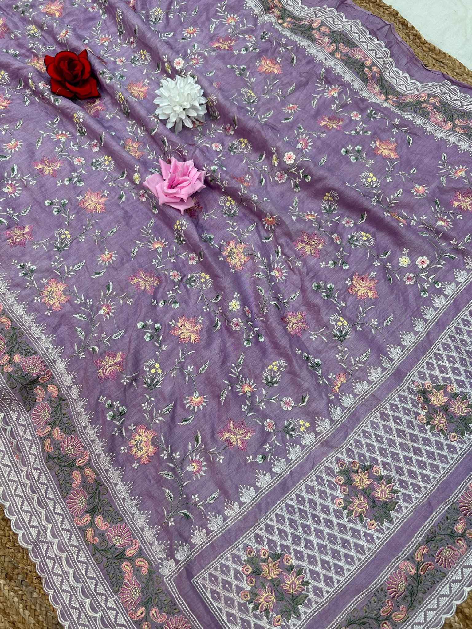 Pure Munga Silk Banarasi Saree - Chikankari all over