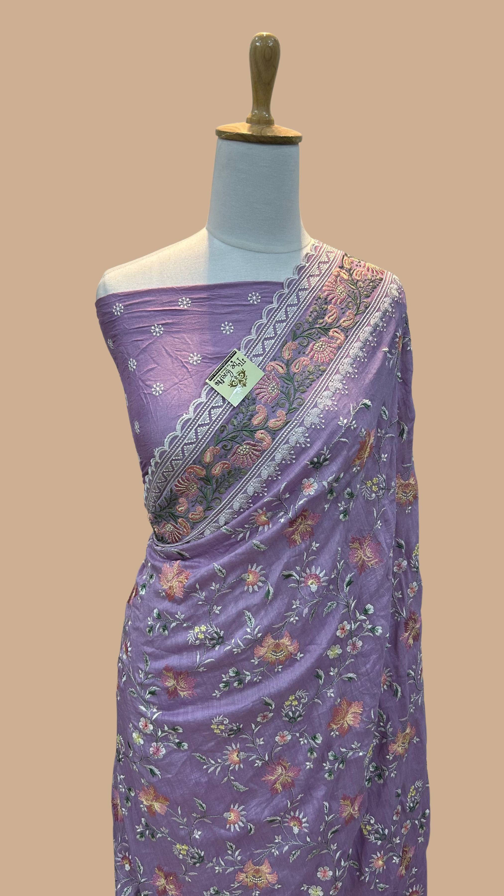 Pure Munga Silk Banarasi Saree - Chikankari all over