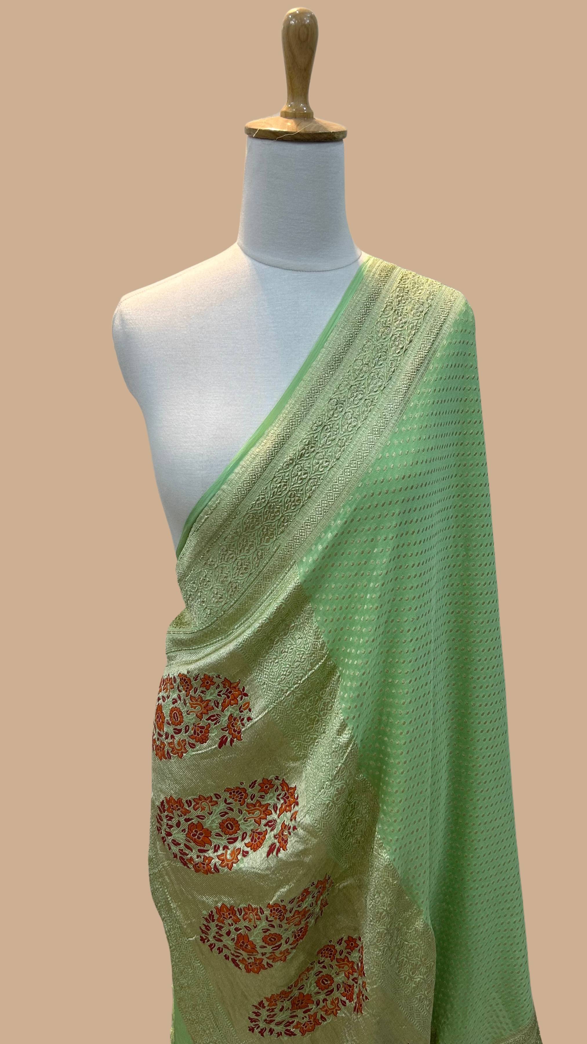 Khaddi Georgette Handloom Banarasi Saree - with Meenakari buta