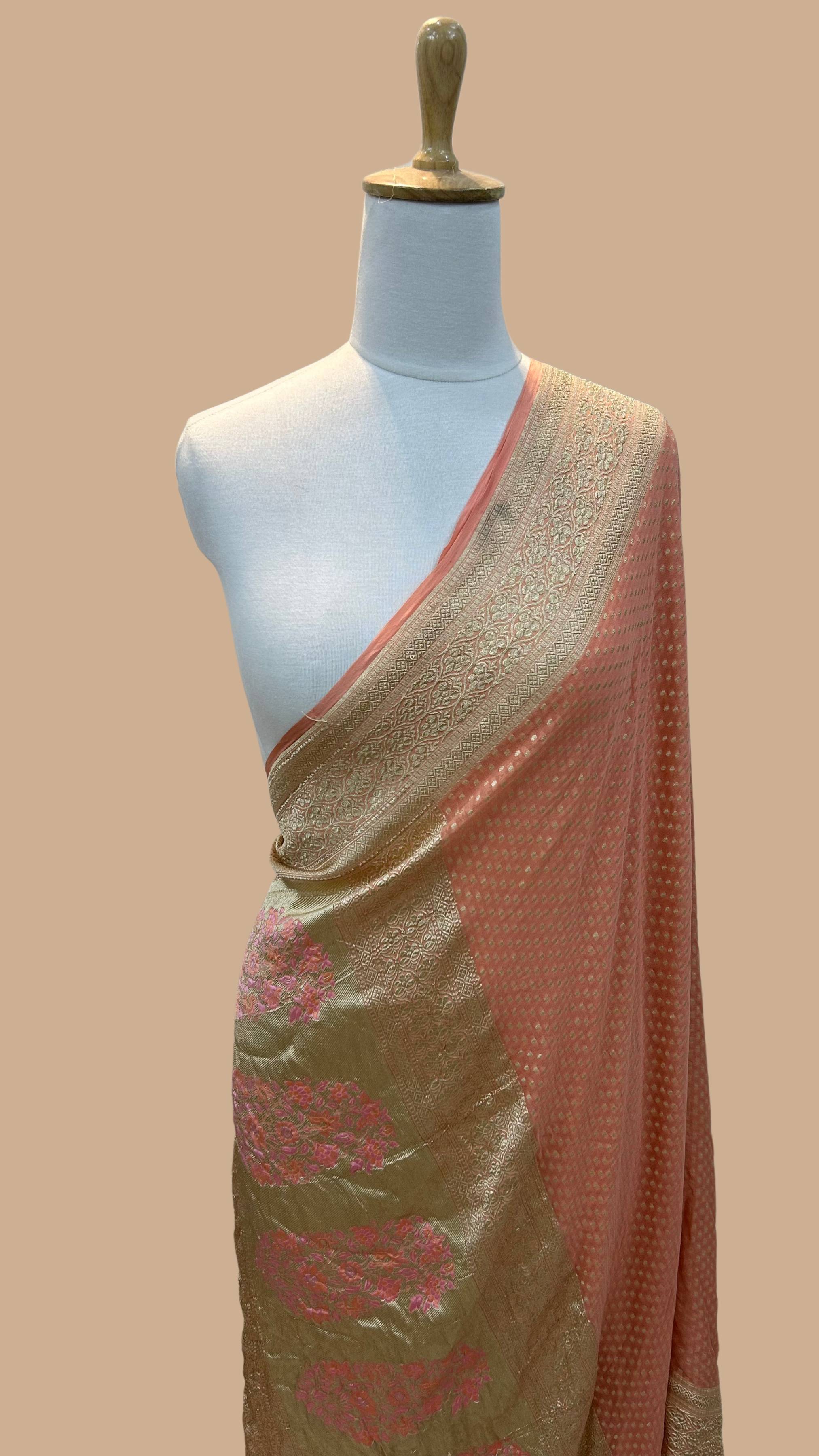 Khaddi Georgette Handloom Banarasi Saree - with Meenakari buta