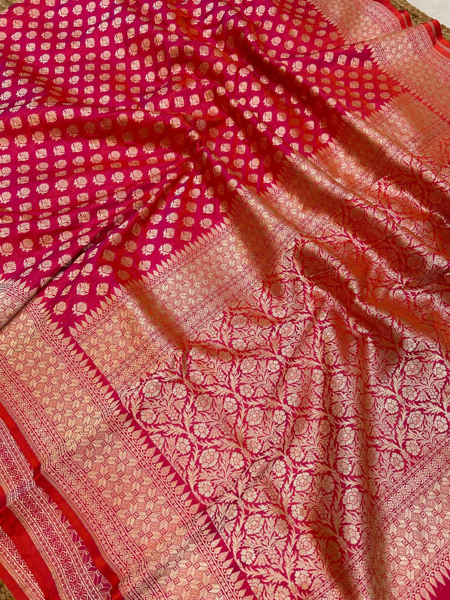 Hot Pink Pure Katan Silk Handloom Banarasi Saree - Jaal work