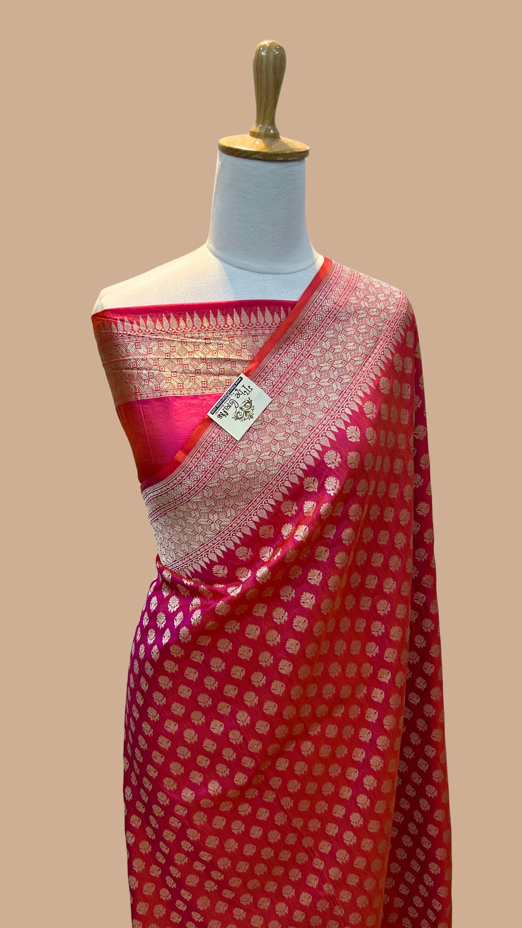 Hot Pink Pure Katan Silk Handloom Banarasi Saree - Jaal work