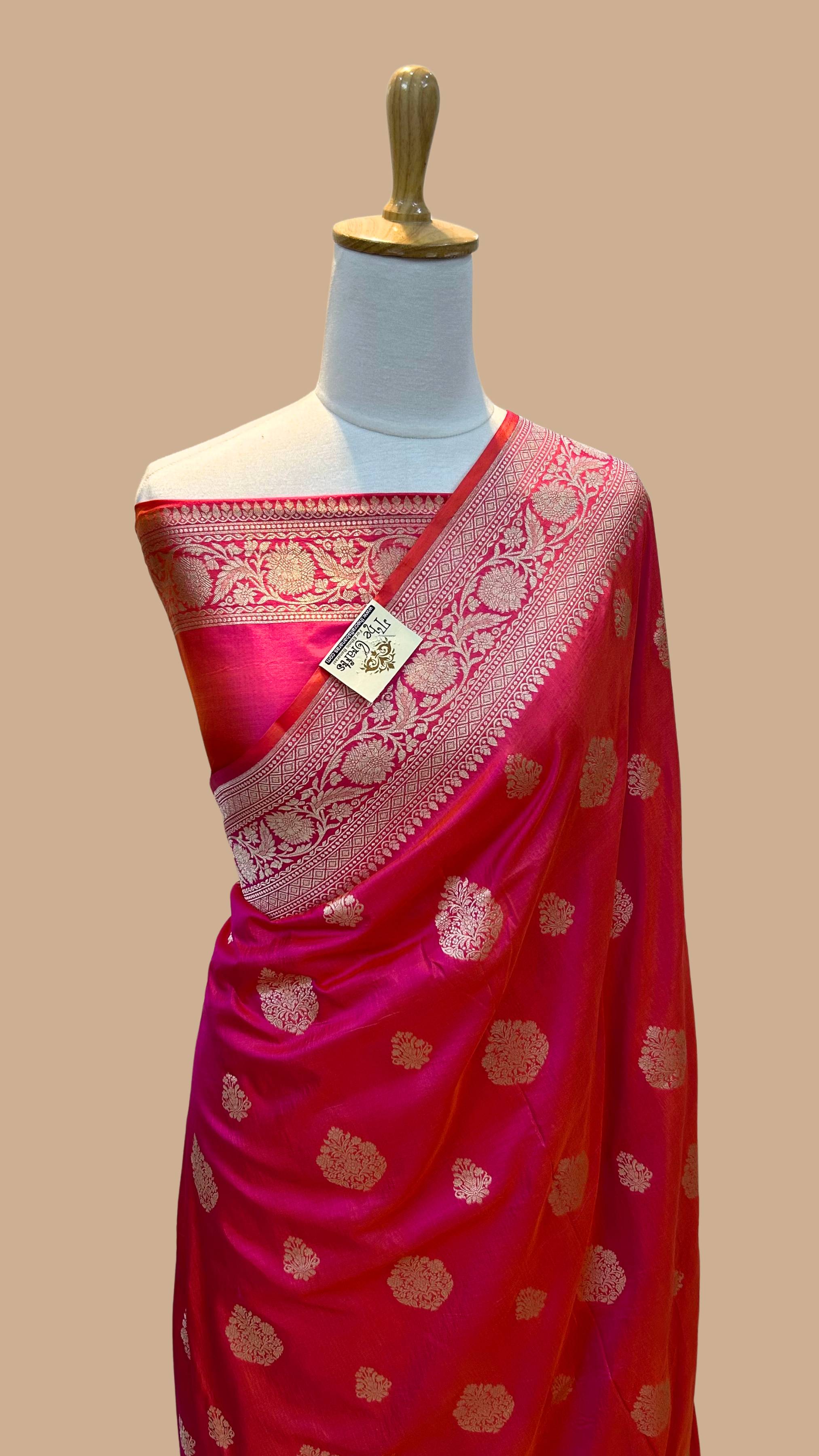 Hot Pink Pure Katan Silk Handloom Banarasi Saree - Jaal work