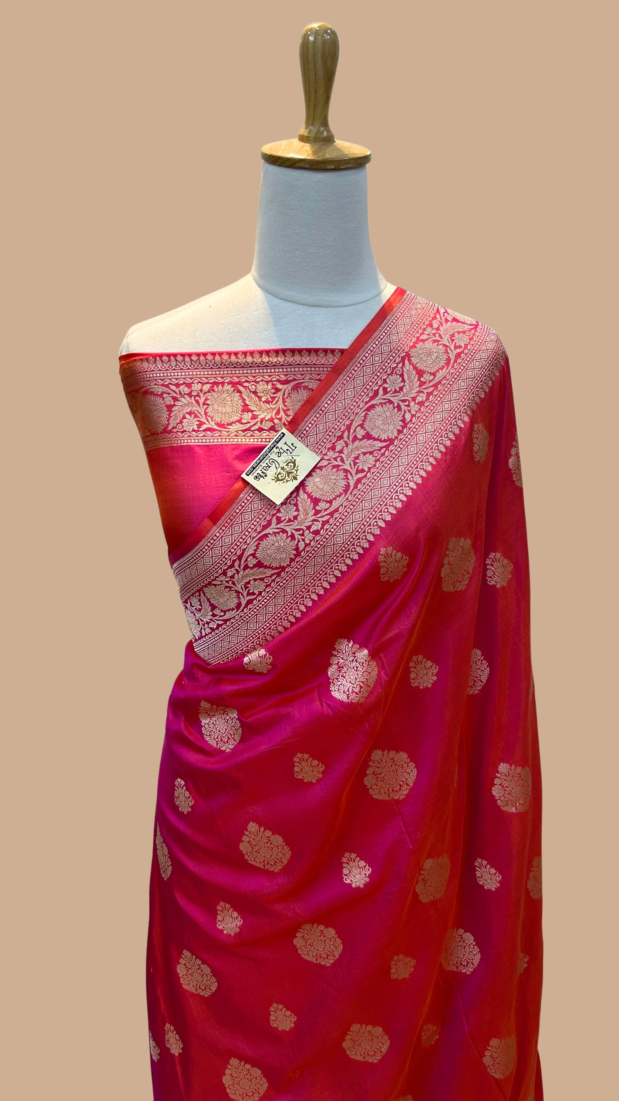 Hot Pink Pure Katan Silk Handloom Banarasi Saree - Jaal work