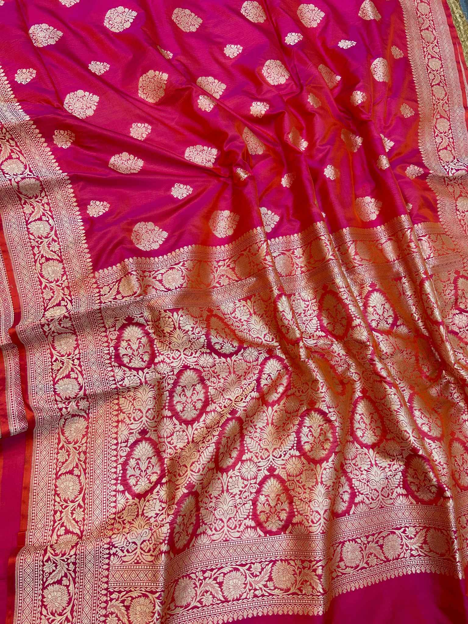 Hot Pink Pure Katan Silk Handloom Banarasi Saree - Jaal work