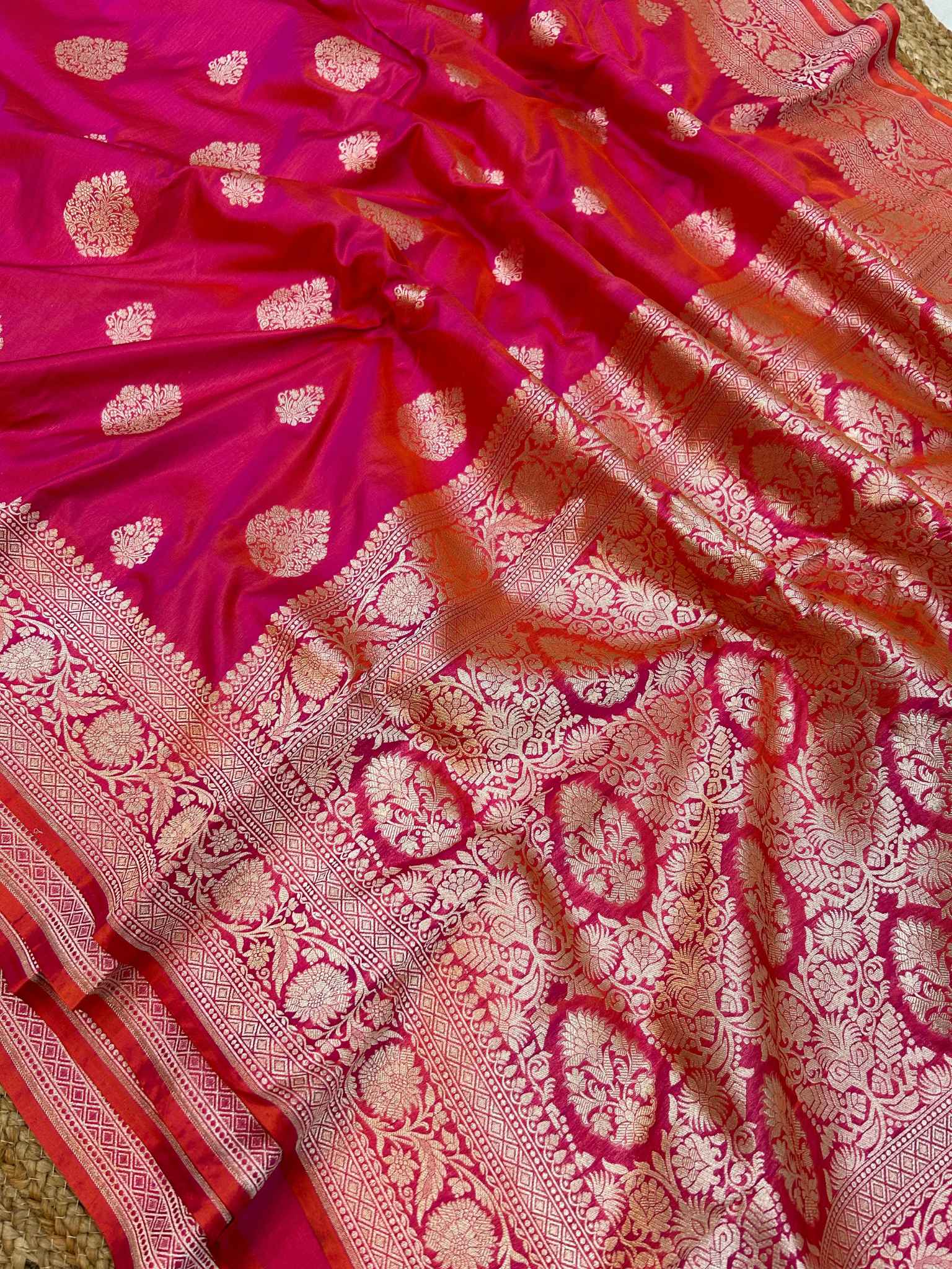 Hot Pink Pure Katan Silk Handloom Banarasi Saree - Jaal work