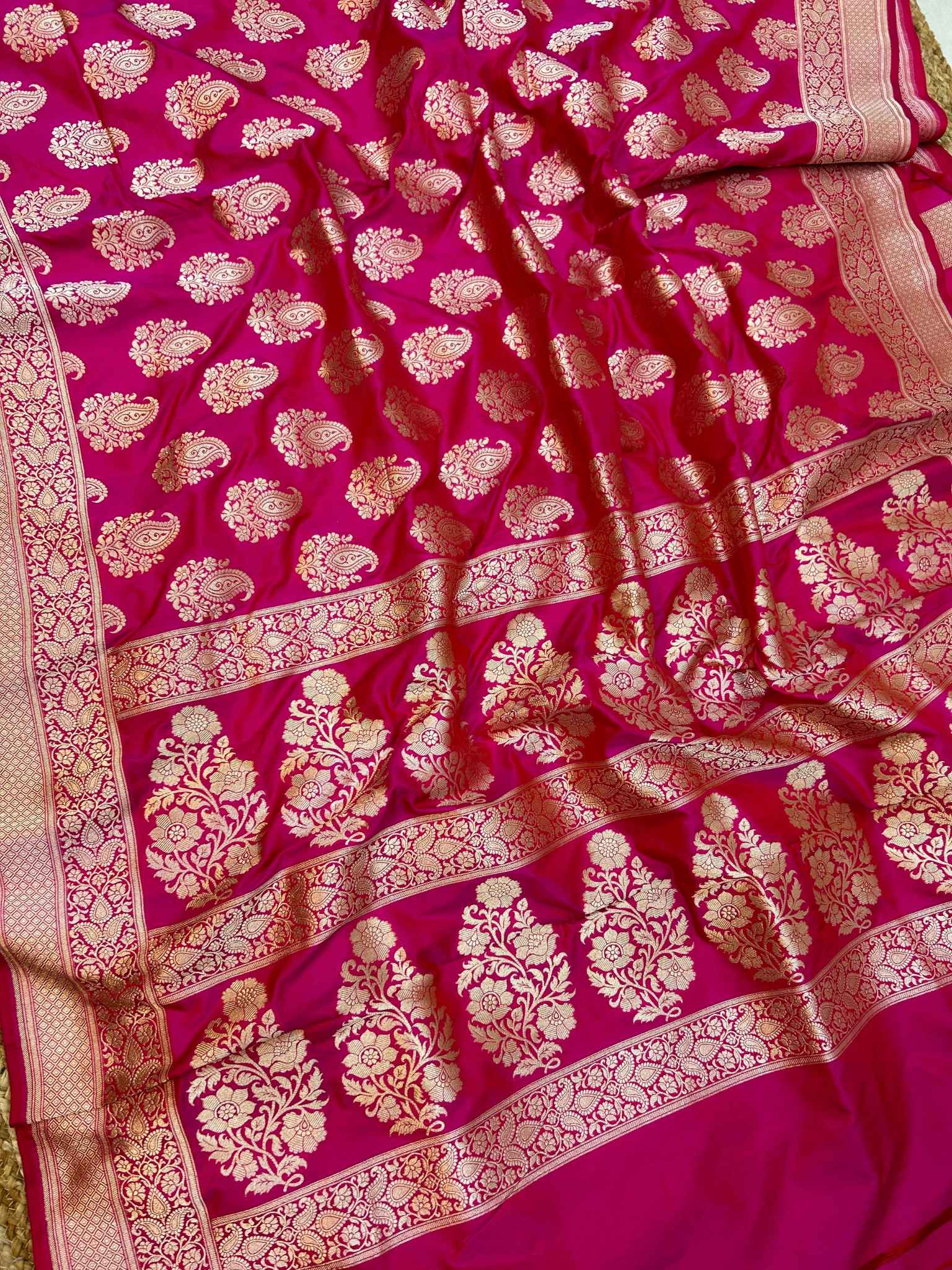 Hot Pink Pure Katan Silk Handloom Banarasi Saree - Jaal work