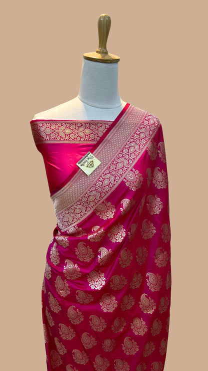 Hot Pink Pure Katan Silk Handloom Banarasi Saree - Jaal work