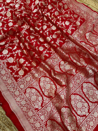 Red Pure Katan Silk Handloom Banarasi Saree - Jaal work