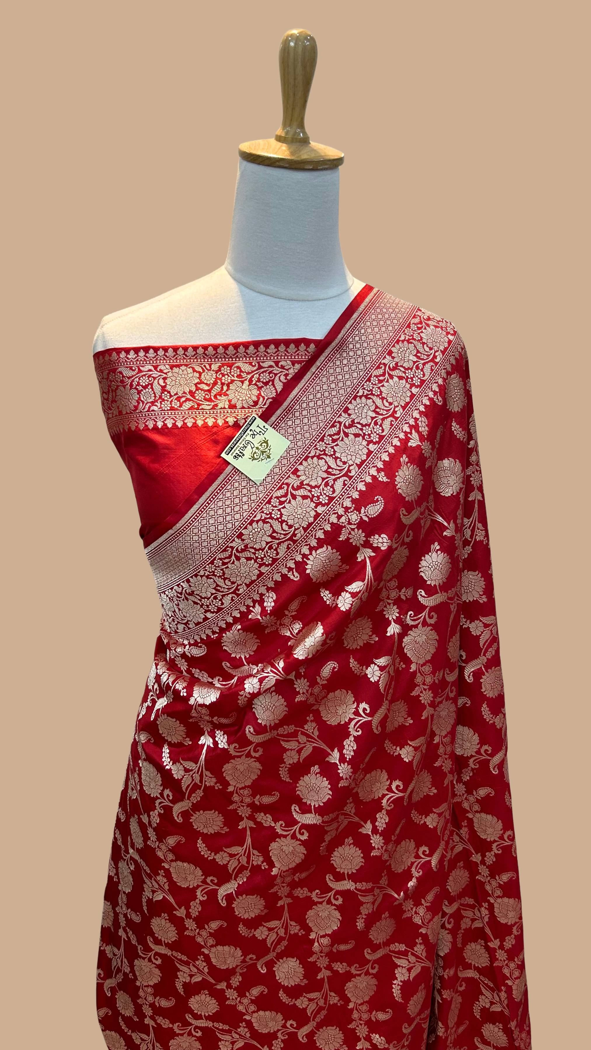 Red Pure Katan Silk Handloom Banarasi Saree - Jaal work