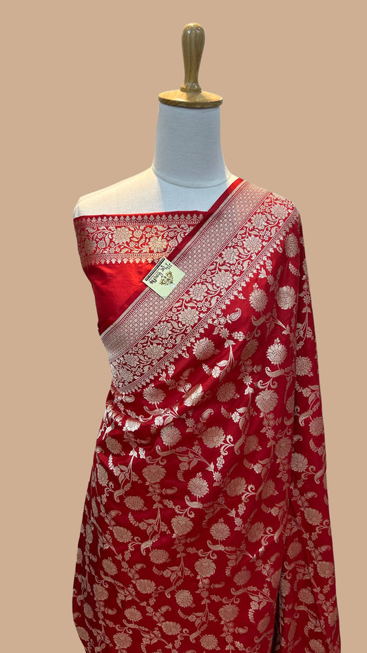 Red Pure Katan Silk Handloom Banarasi Saree - Jaal work
