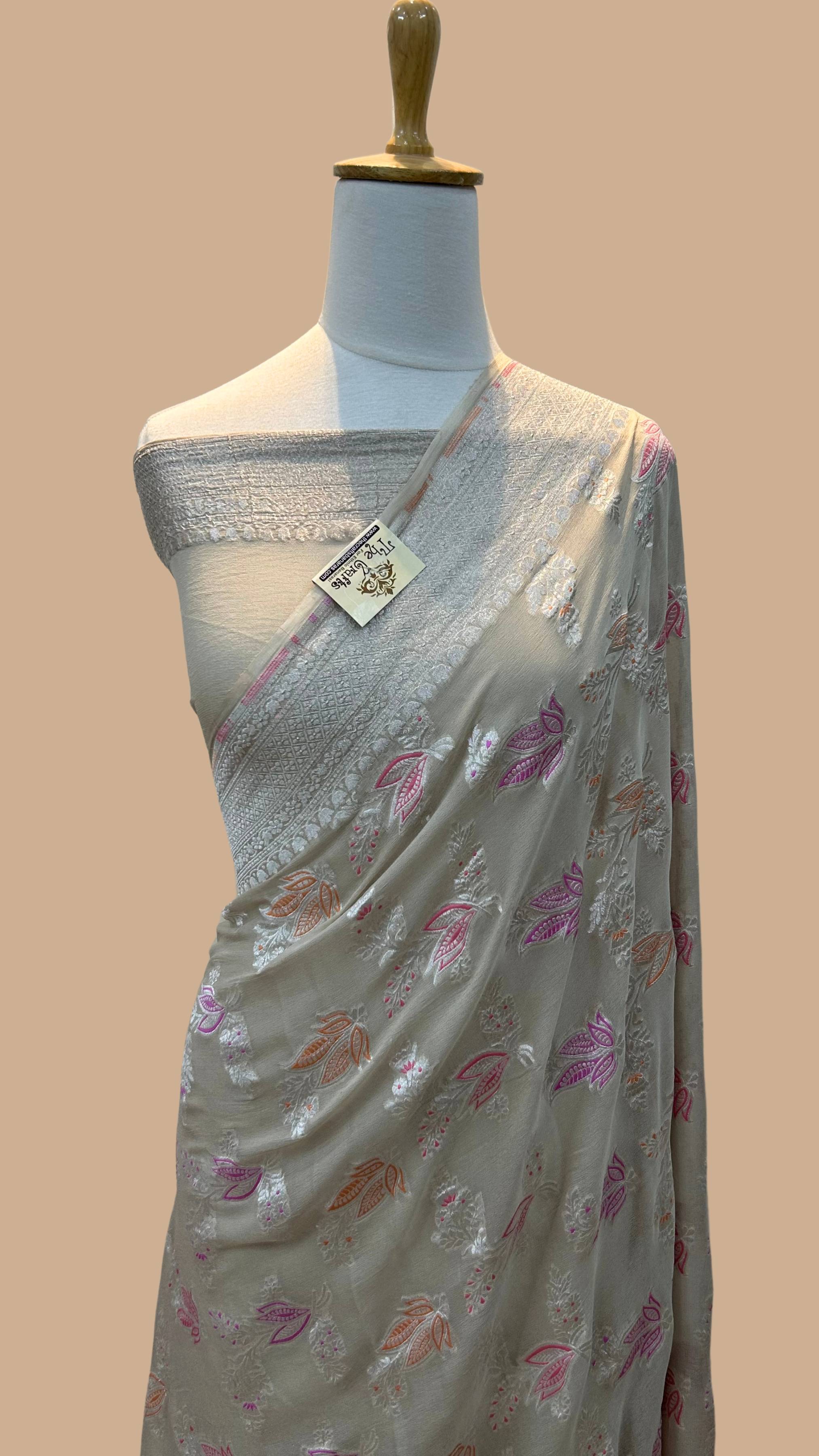 Khaddi Georgette Handloom Banarasi Saree - Jaal with Meenakari