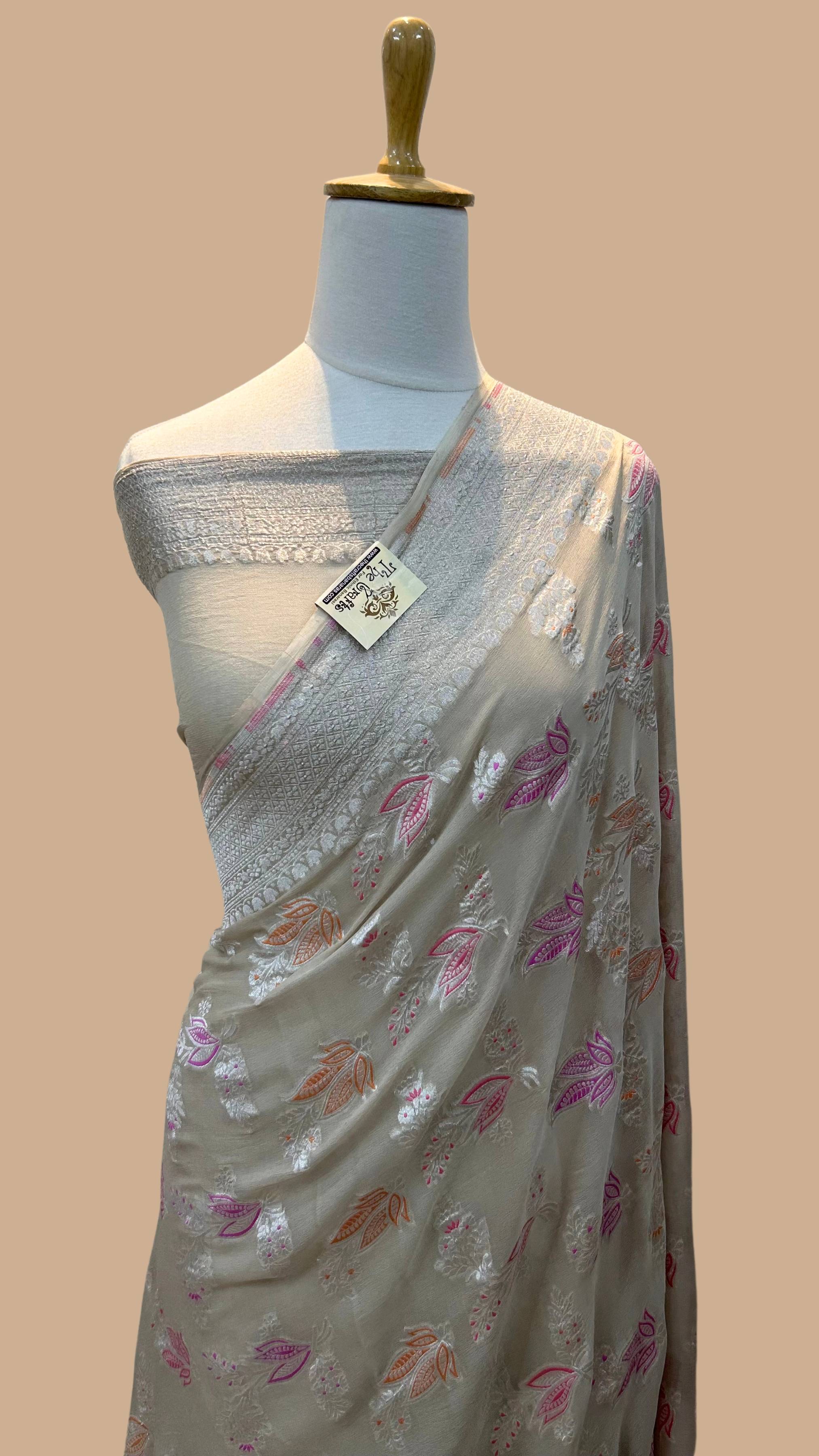 Khaddi Georgette Handloom Banarasi Saree - Jaal with Meenakari