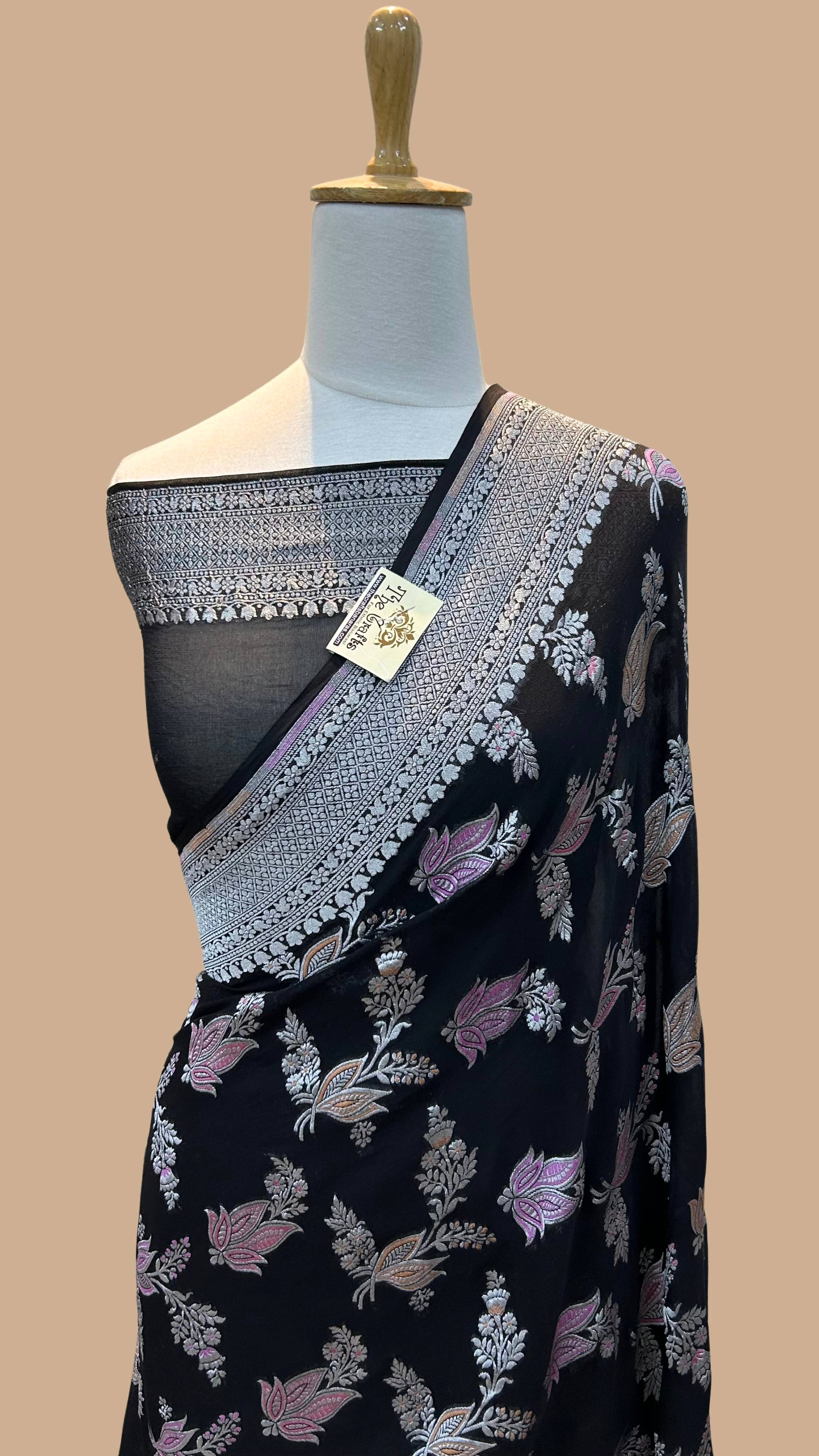 Khaddi Georgette Handloom Banarasi Saree - Jaal with Meenakari