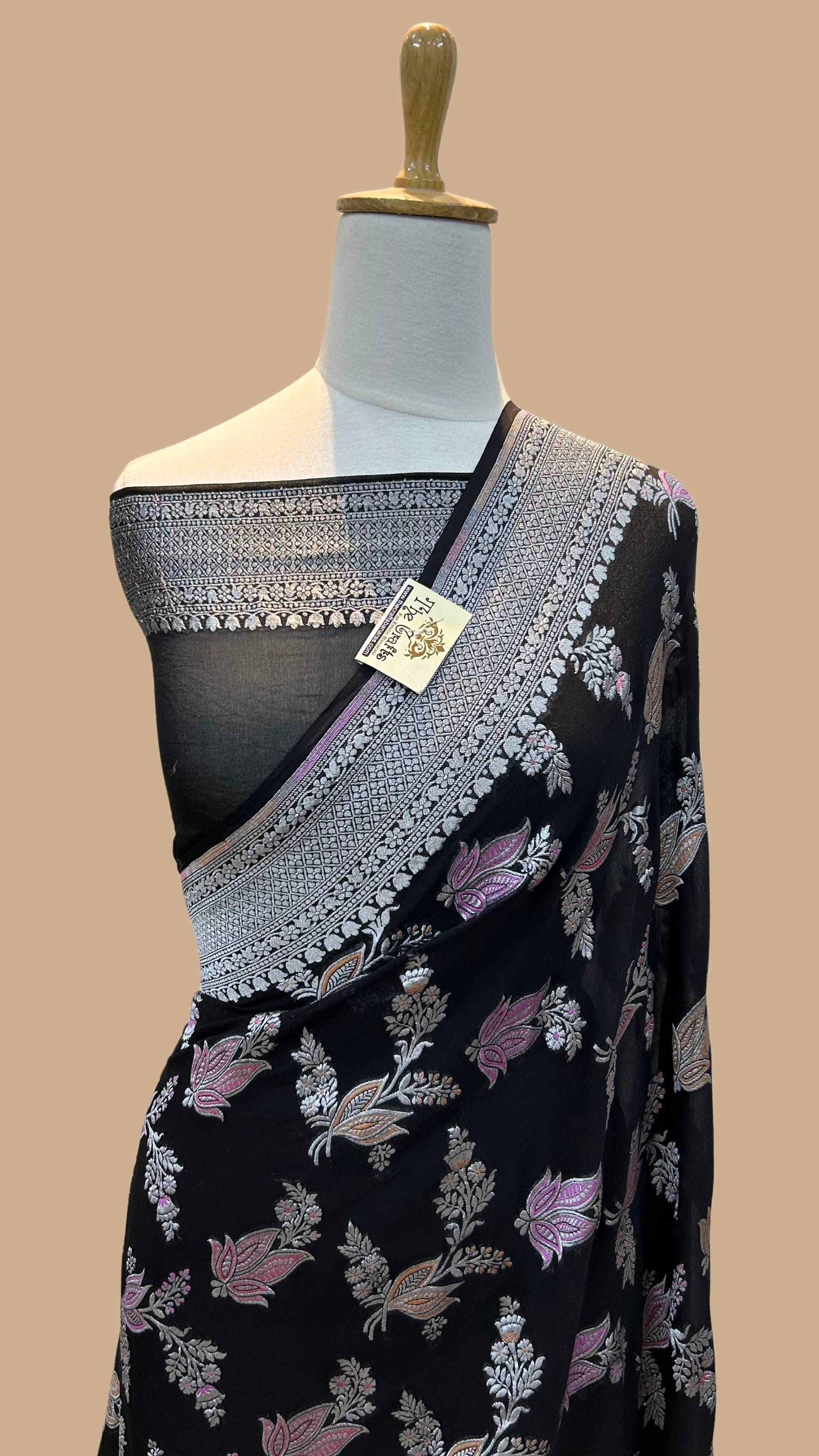 Khaddi Georgette Handloom Banarasi Saree - Jaal with Meenakari