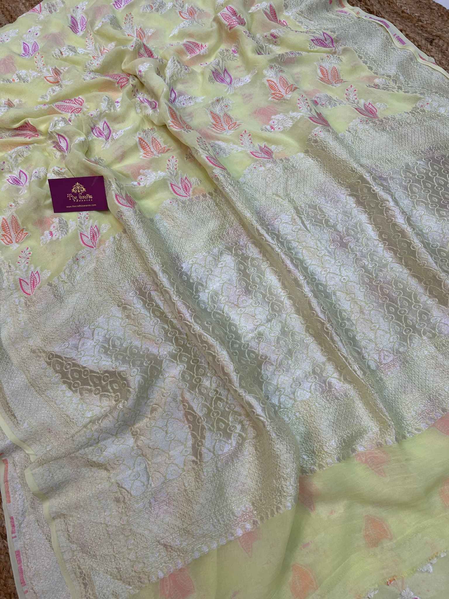 Khaddi Georgette Handloom Banarasi Saree - Jaal with Meenakari